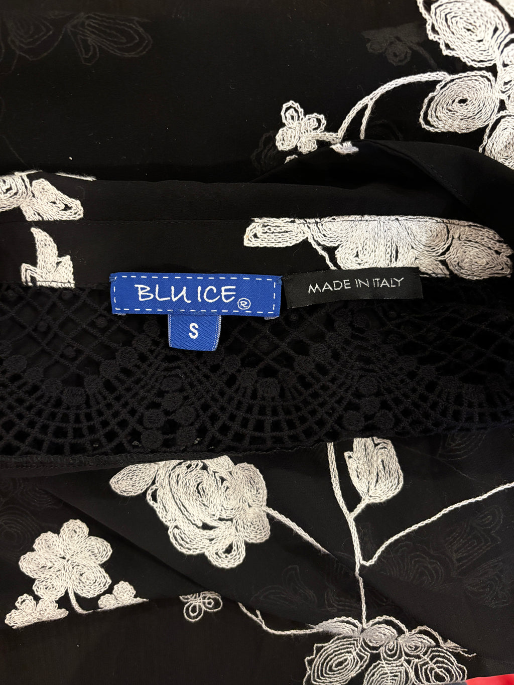 Blu Ice Black Floral Embroidered Blouse — Made in Italy — Size S NWT