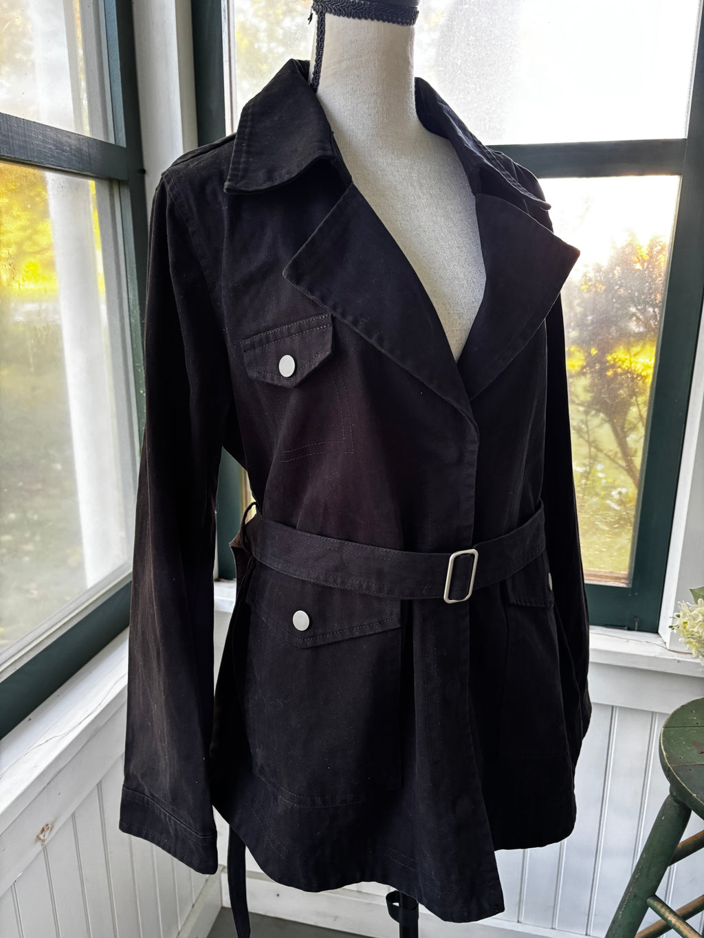Greylin FiveSeventyFive Black Belted Trench Jacket — Size L NWT