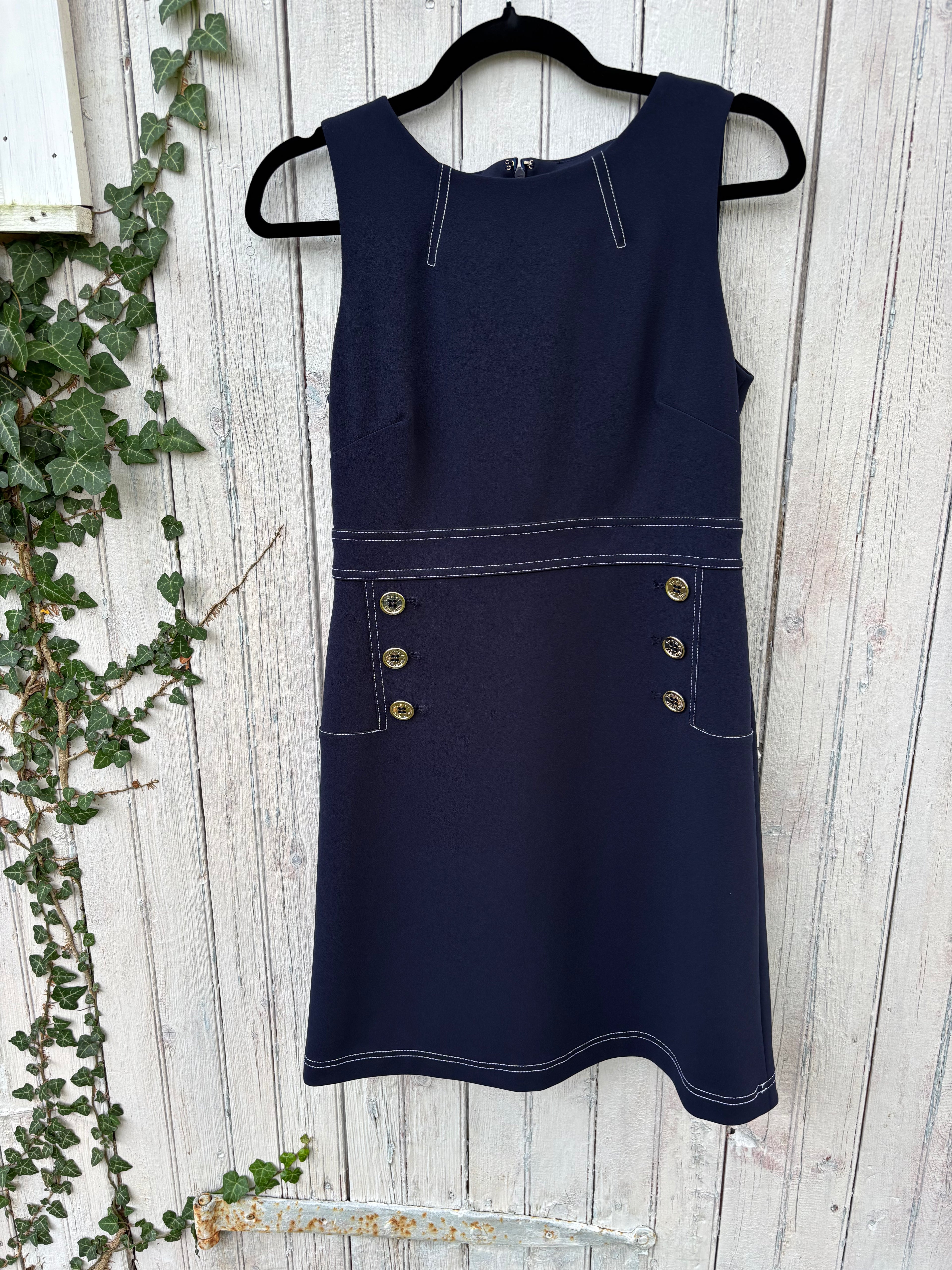 Tommy Hilfiger navy sleeveless dress front view white stitching button accents secondhand dresses Sassy and Chic