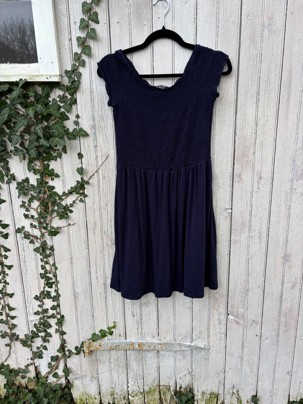 Venus dark blue scoop neck mini dress front view fitted top flirty bottom pre-loved dresses Sassy and Chic