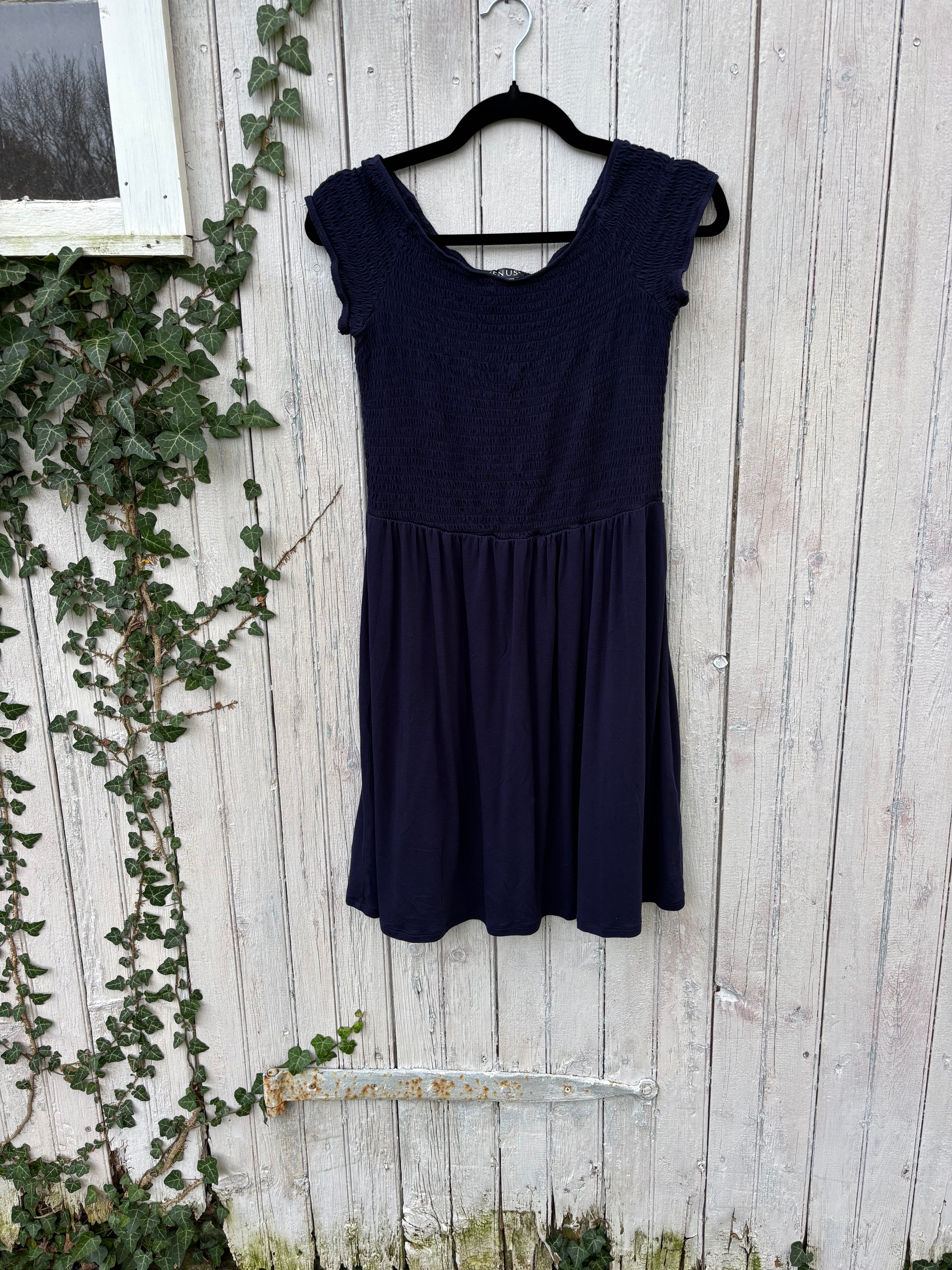 Venus dark blue scoop neck mini dress front view fitted top flirty bottom pre-loved dresses Sassy and Chic