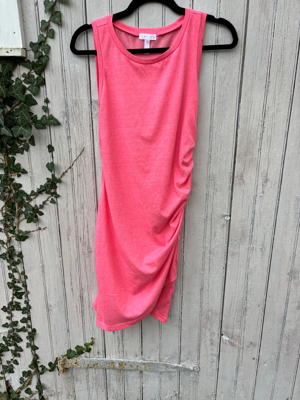 LEITH hot pink sleeveless ruched dress front view rich ruching thrifted dresses like new Sassy and Chic