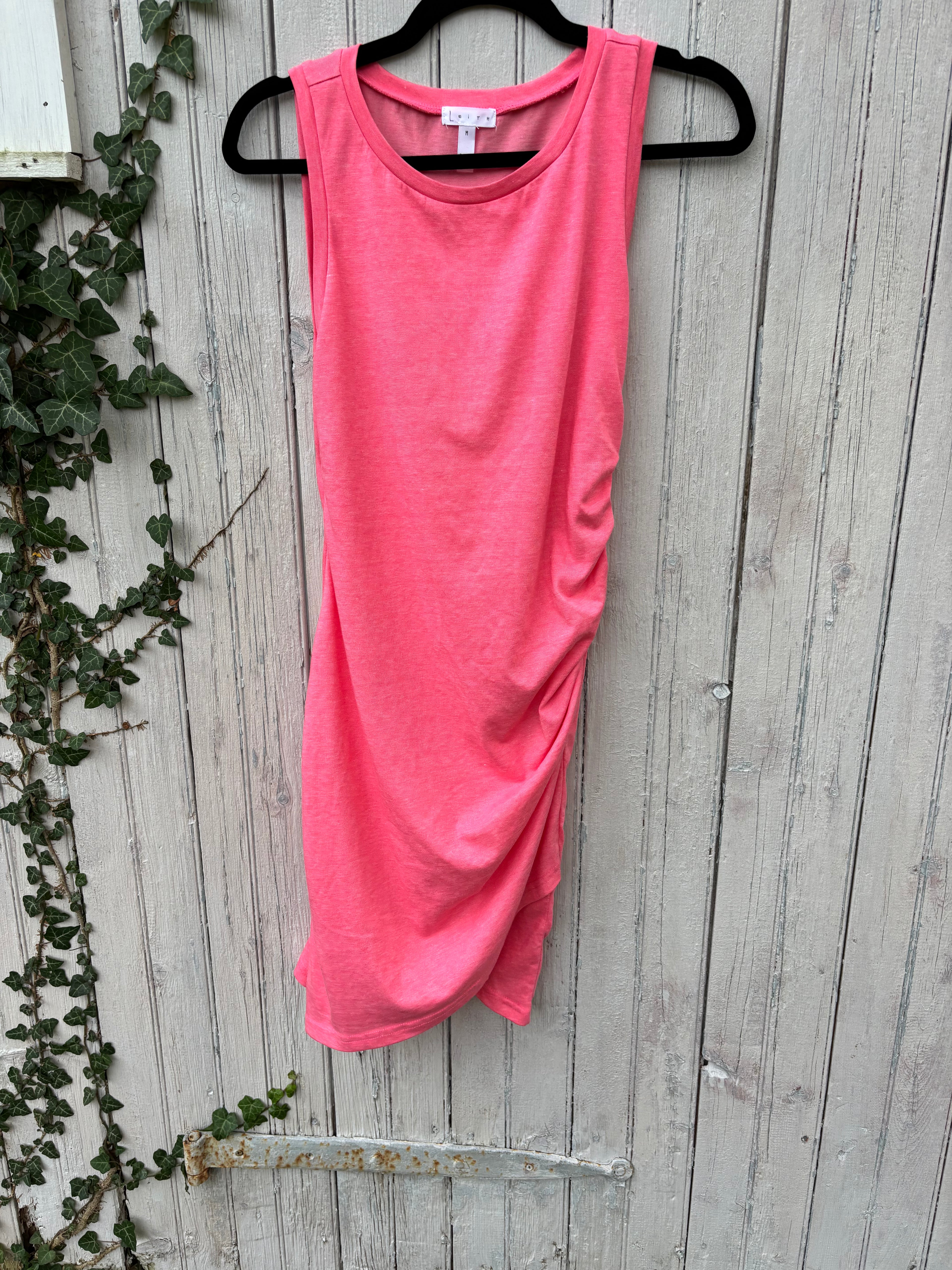 LEITH hot pink sleeveless ruched dress front view rich ruching thrifted dresses like new Sassy and Chic