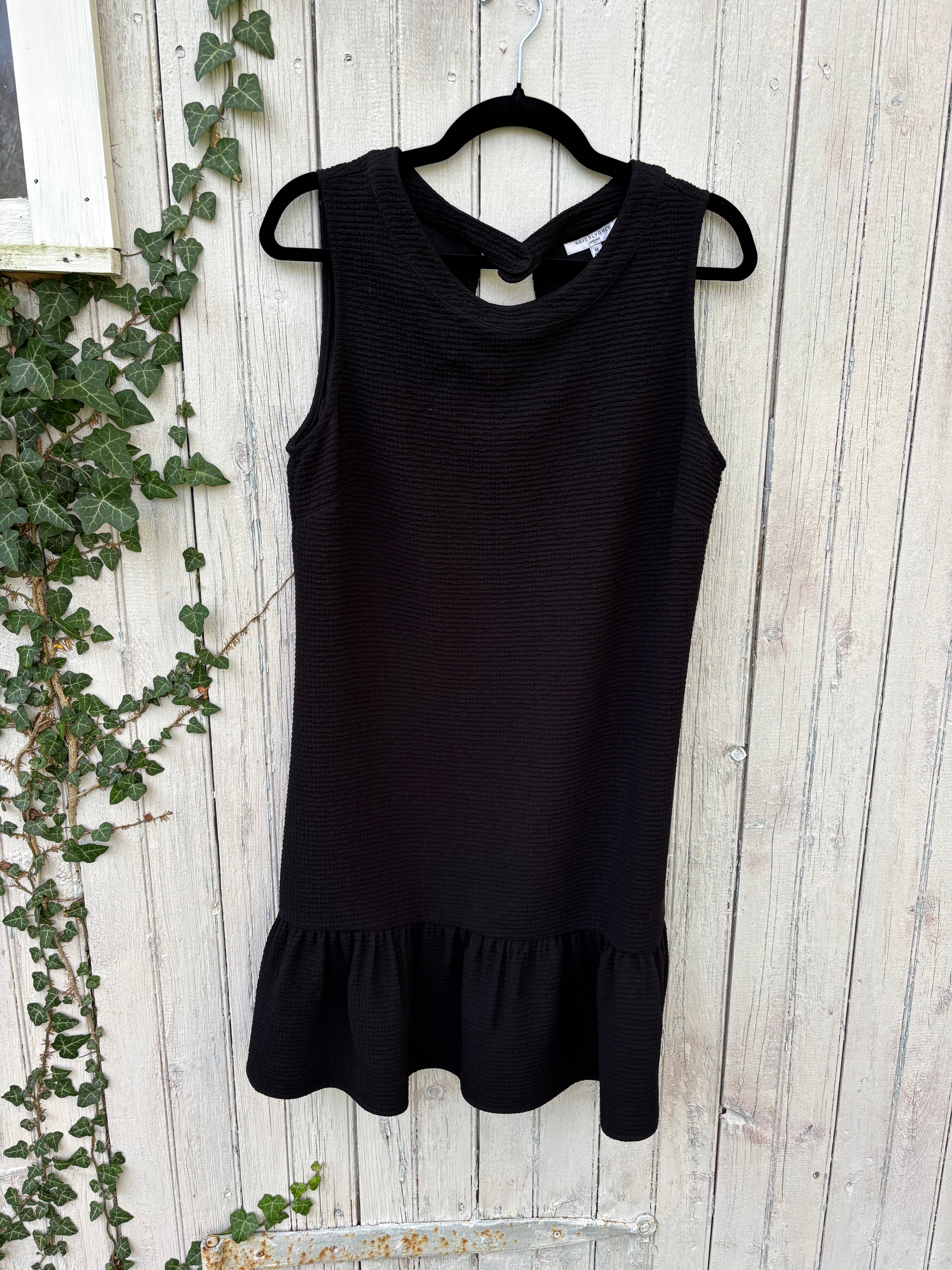 Waverly Grey black sleeveless mini dress front view stretchy silhouette thrifted dresses Sassy and Chic