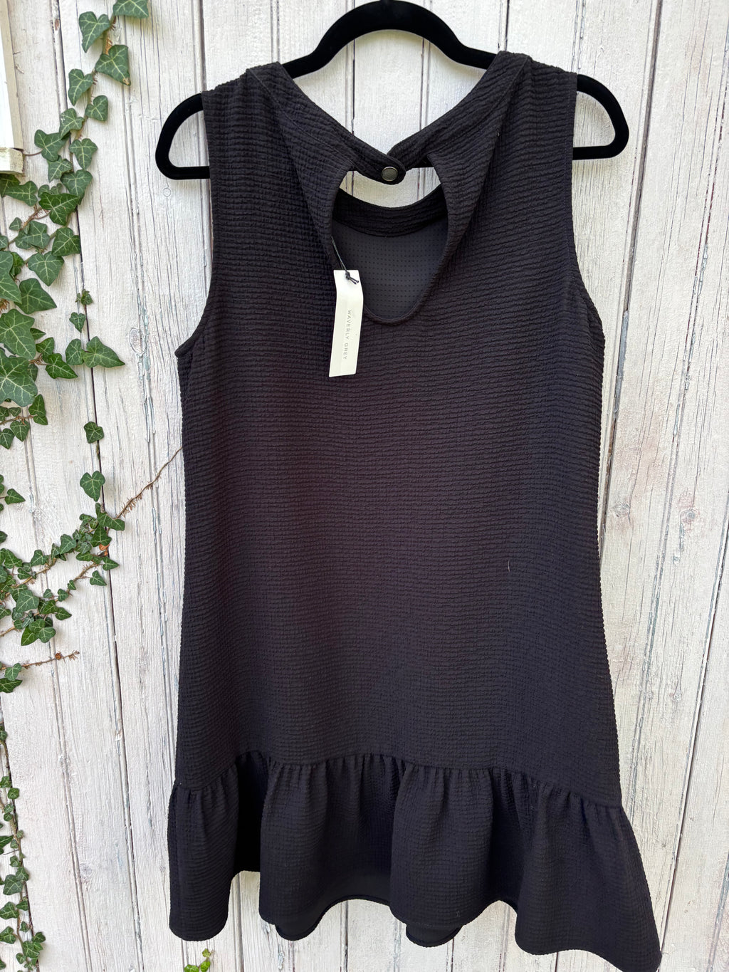 Waverly Grey black sleeveless mini dress back view thrifted dresses brand new with tags Sassy and Chic