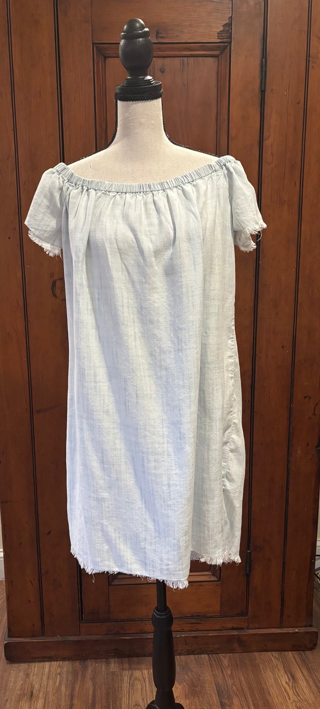 Cloth Stone light blue off shoulder dress front view short sleeves thrifted dresses Sassy and Chic
