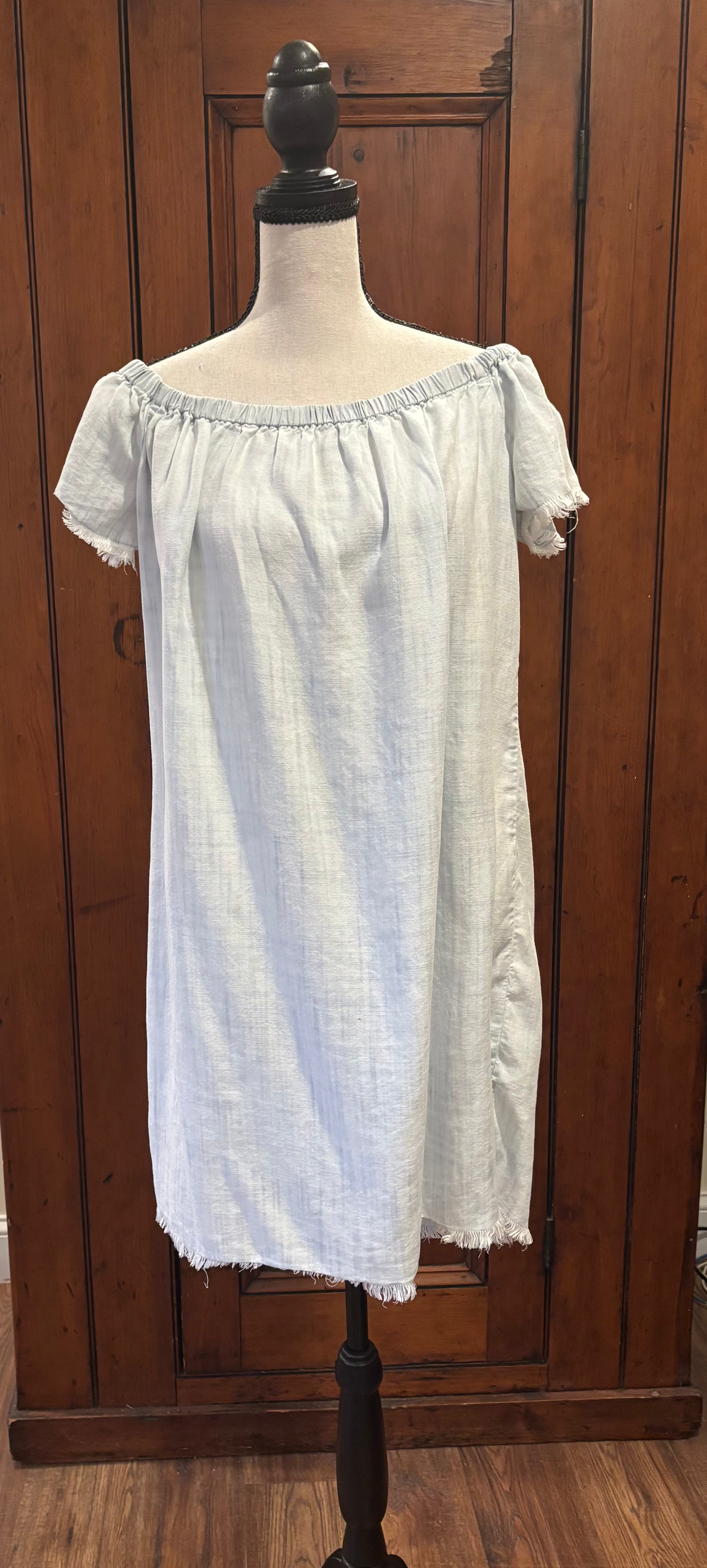 Cloth Stone light blue off shoulder dress front view short sleeves thrifted dresses Sassy and Chic