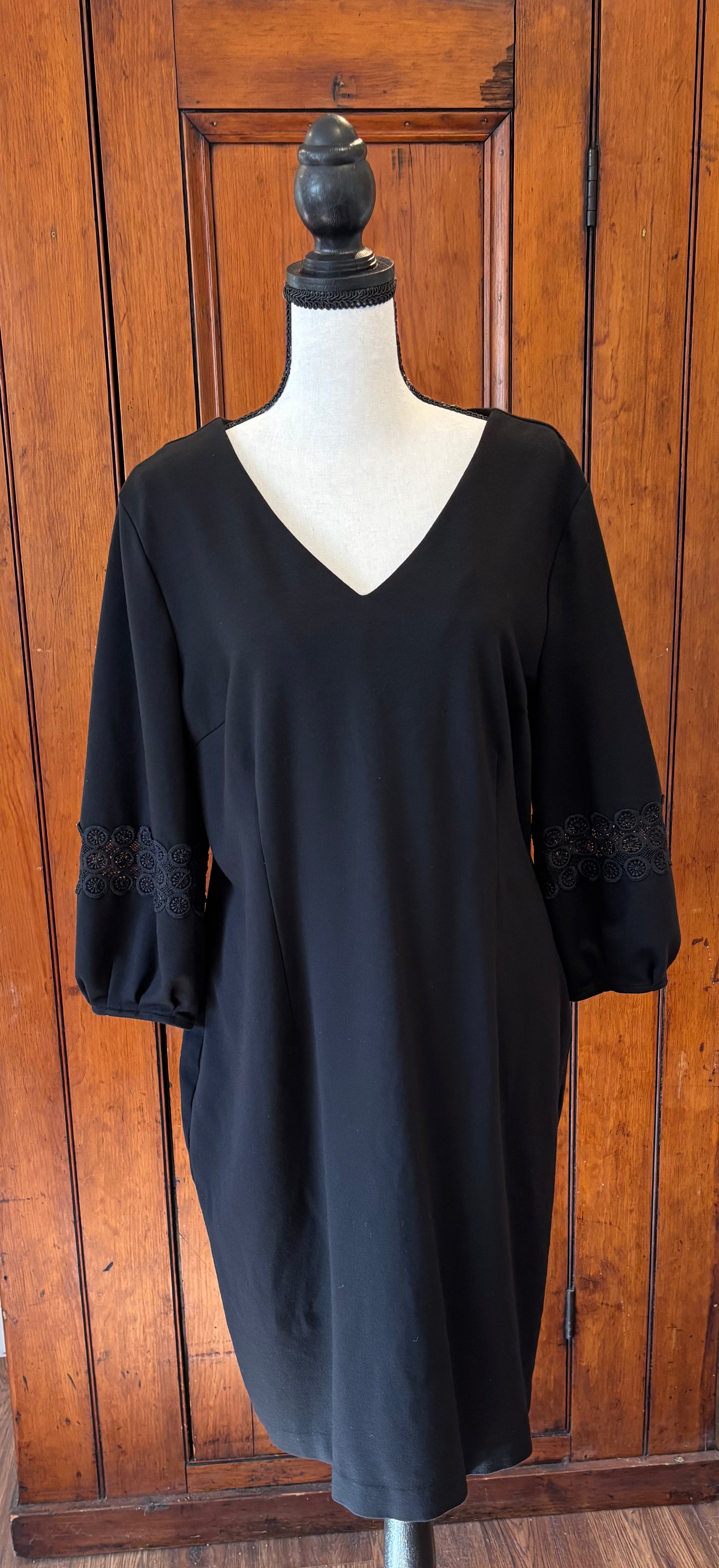 Talbots black V-neck midi dress front view flattering V-neckline pre-loved dresses Sassy and Chic