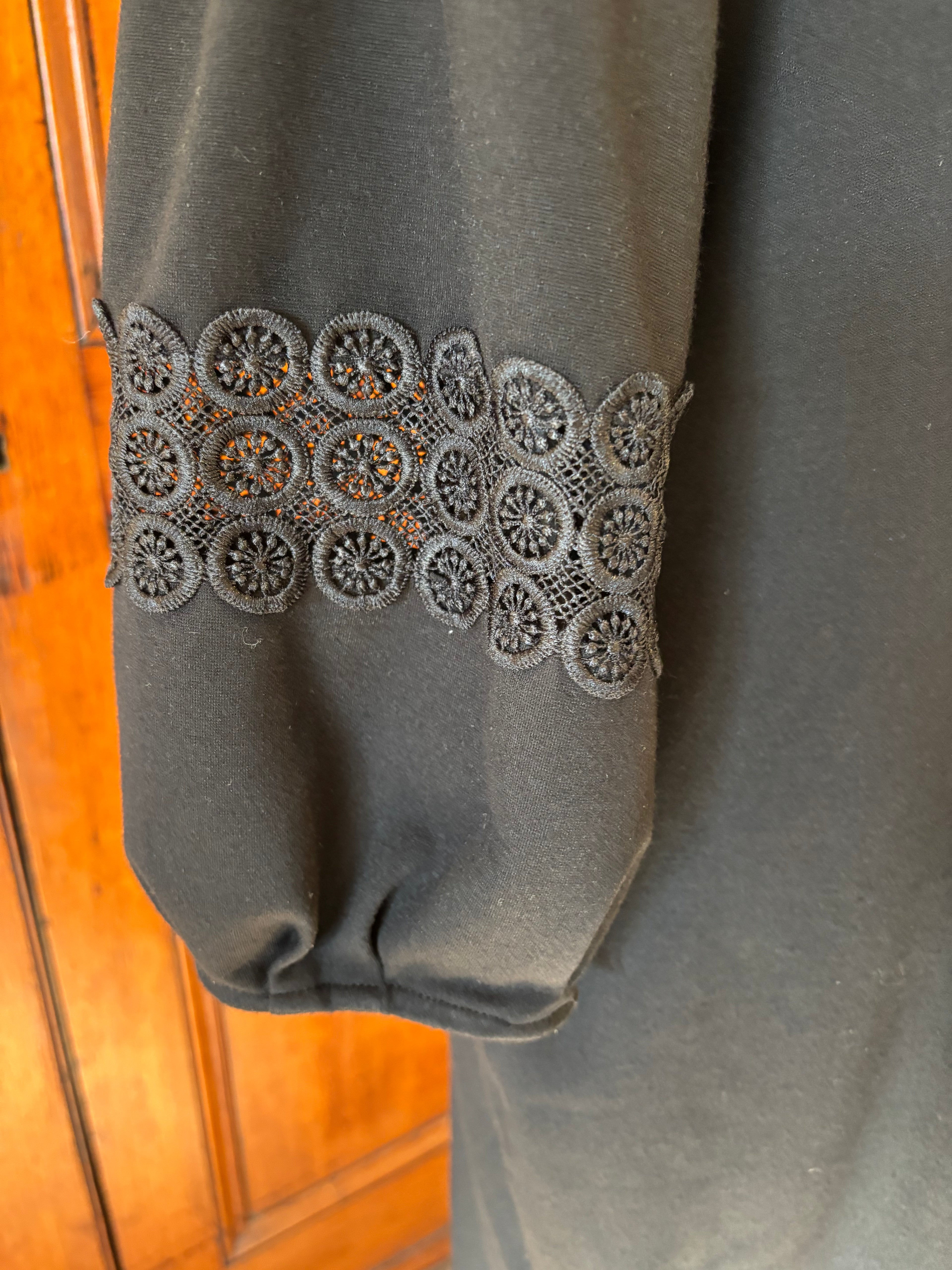 Talbots black V-neck midi dress detail close up pretty 3/4 sleeve detailing like new Sassy and Chic