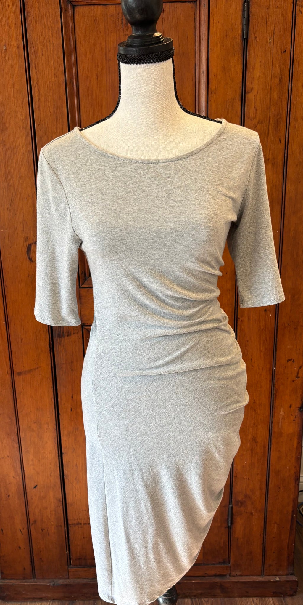 Lulus light grey ruched mini dress front view 3/4 sleeves pre-loved dresses like new Sassy and Chic