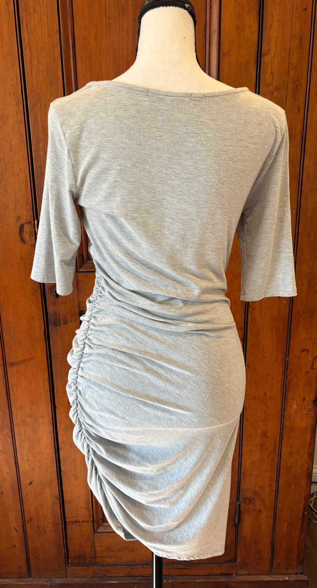 Lulus light grey ruched mini dress back view pre-loved dresses like new Sassy and Chic