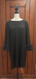Max Studio black midi dress front view round neckline ruffled sleeves pre-loved dresses Sassy and Chic