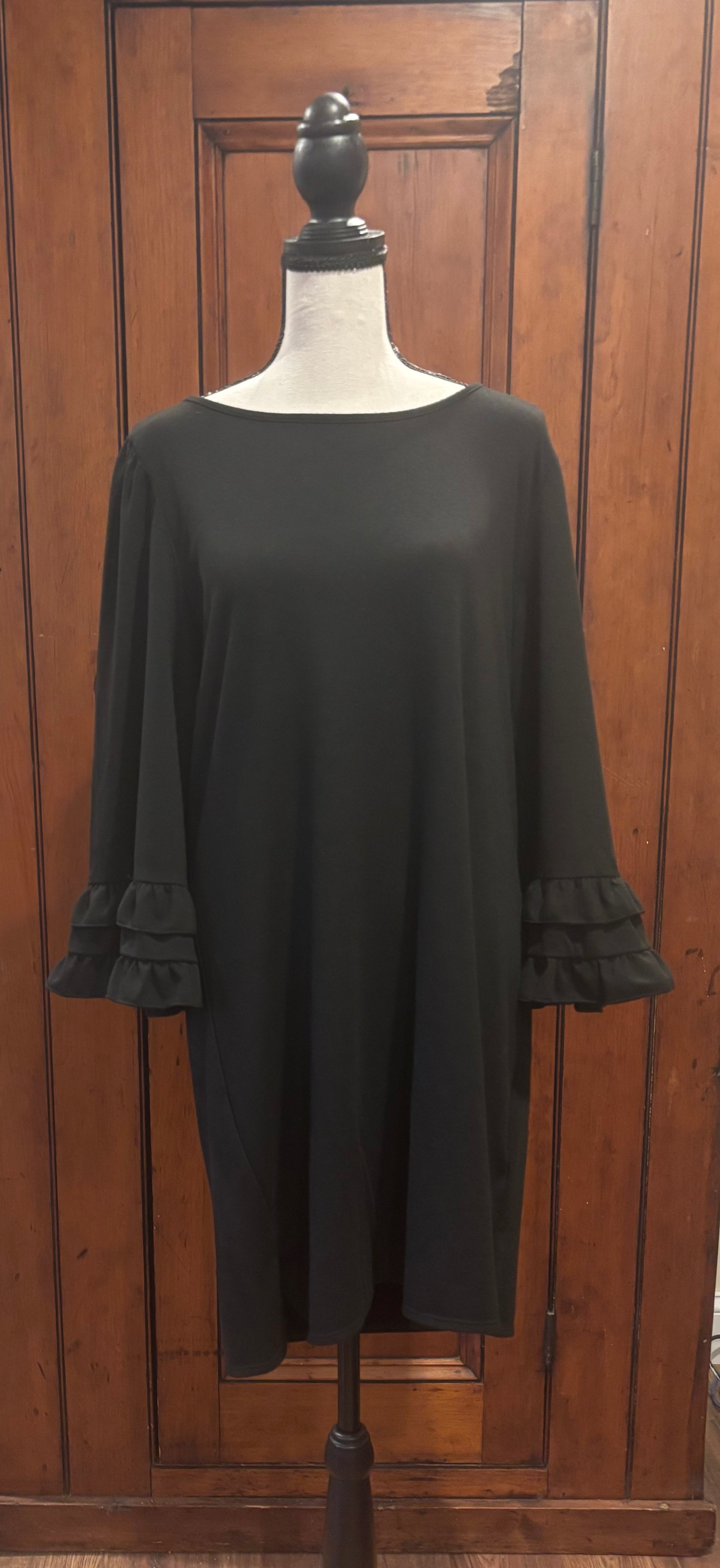 Max Studio black midi dress front view round neckline ruffled sleeves pre-loved dresses Sassy and Chic