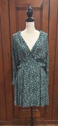 Zara black teal print mini dress front view deep V-neckline 3/4 sleeves thrifted dresses Sassy and Chic