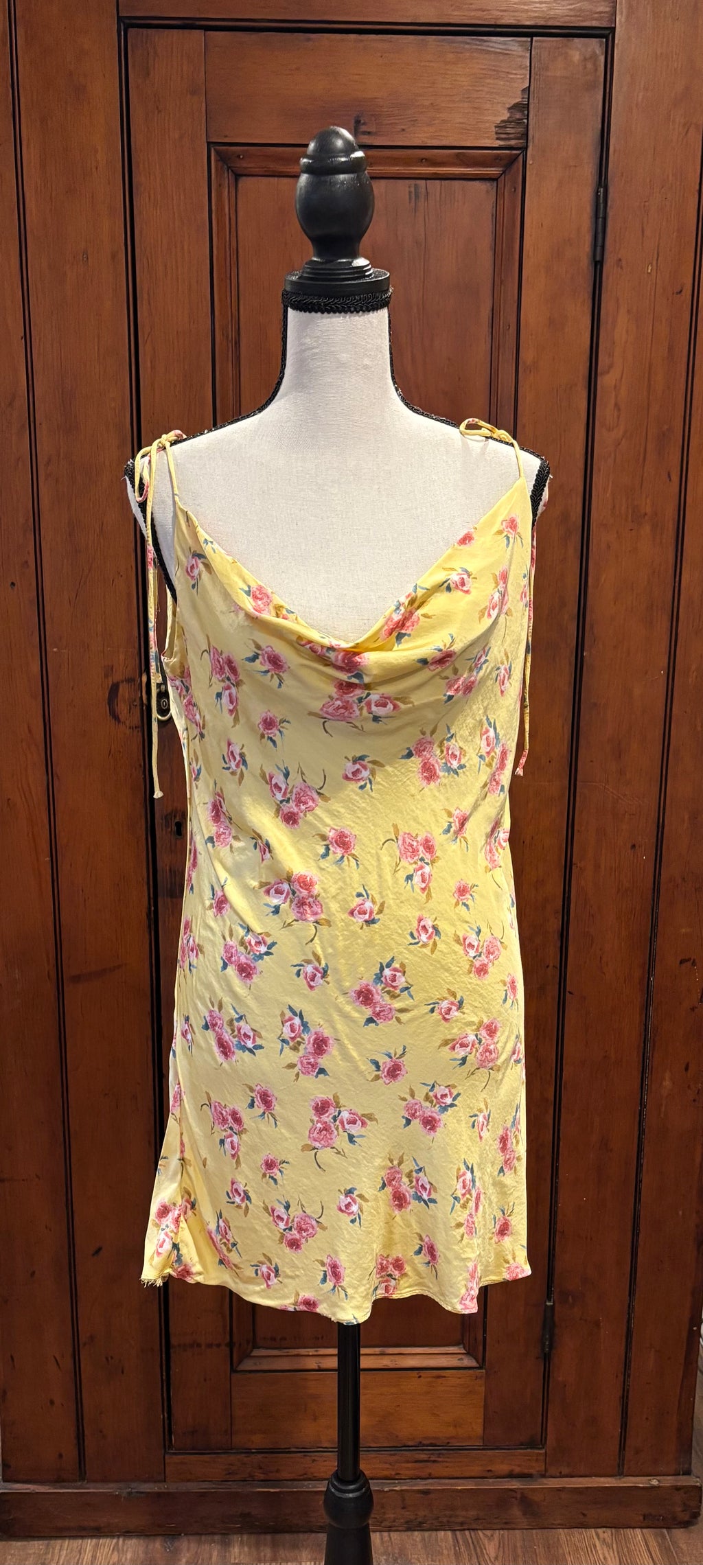 Zara yellow pink floral mini dress front view cowl neckline spaghetti straps secondhand dresses Sassy and Chic