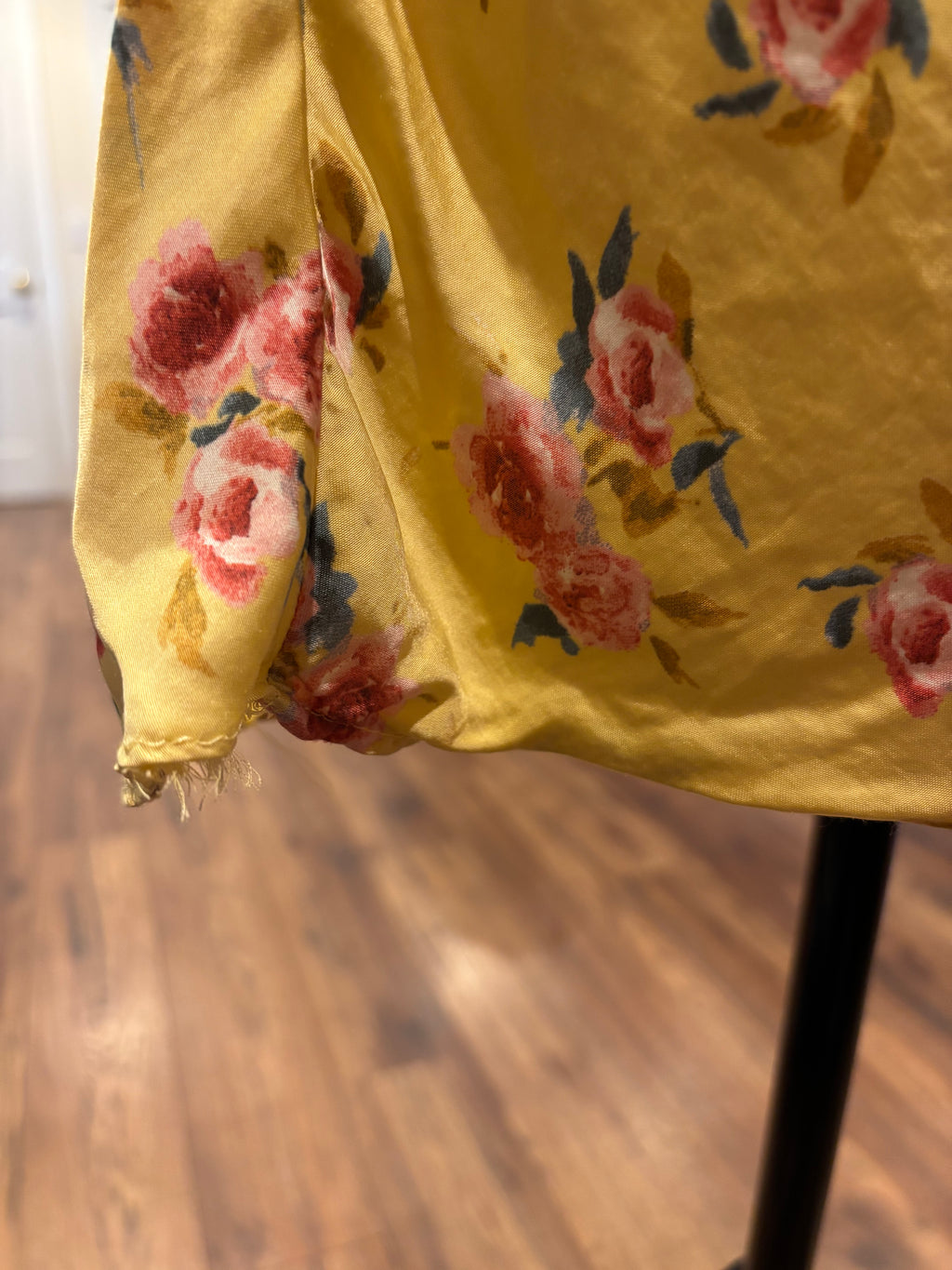 Zara yellow pink floral mini dress detail close up slight fraying hemline as shown Sassy and Chic