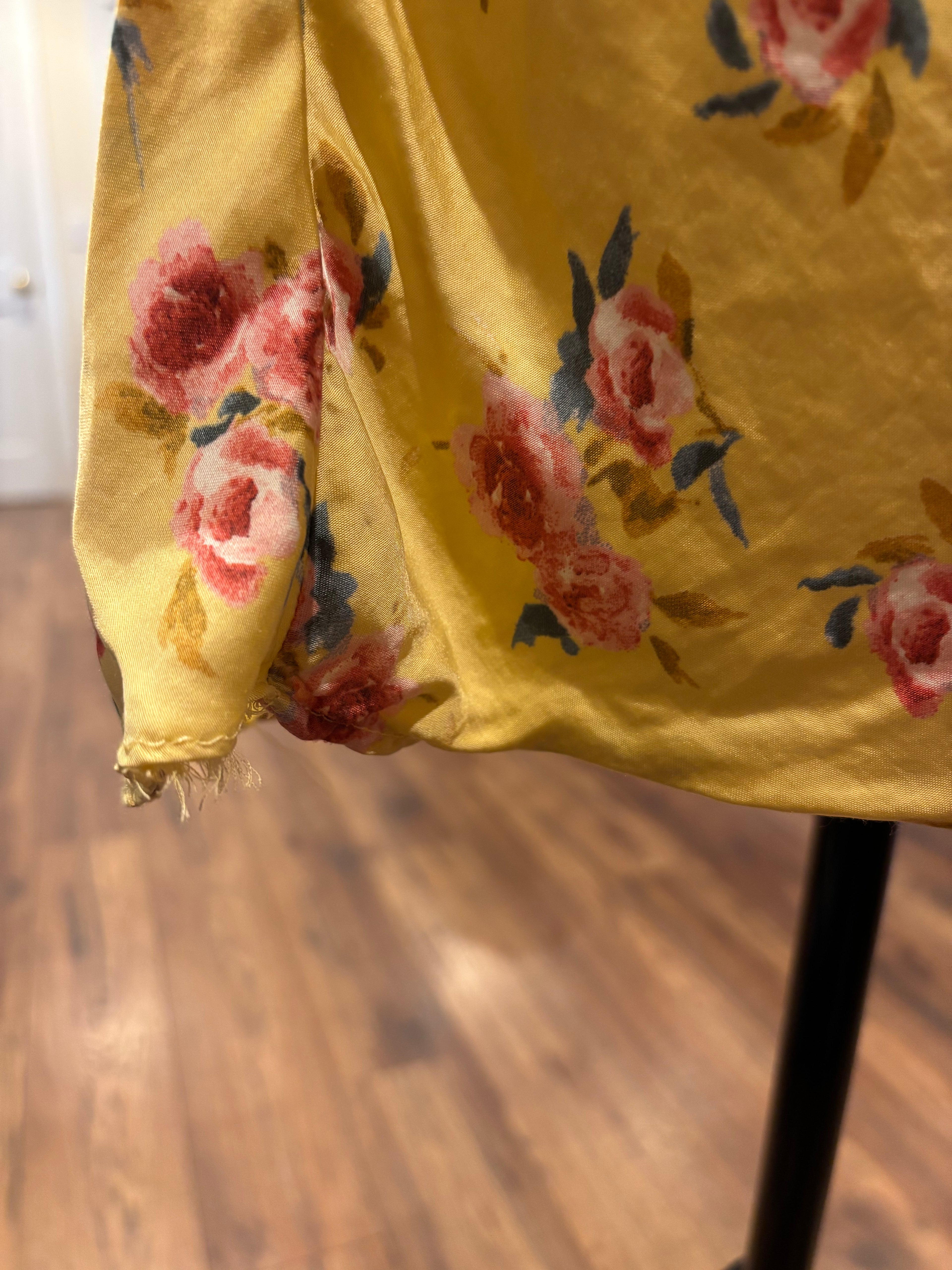 Zara yellow pink floral mini dress detail close up slight fraying hemline as shown Sassy and Chic