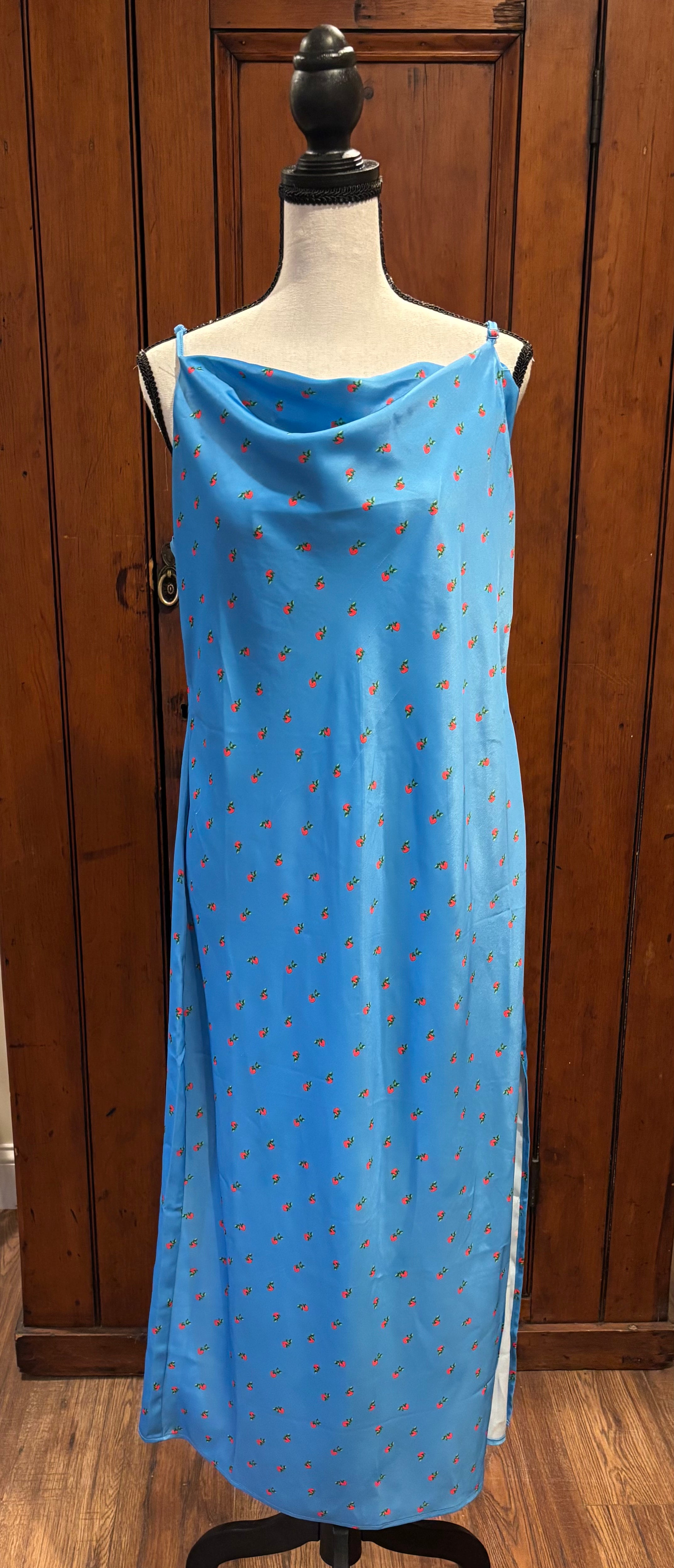 Urban Outfitters blue strawberry midi dress front view cowl neckline spaghetti straps thrifted dresses Sassy and Chic