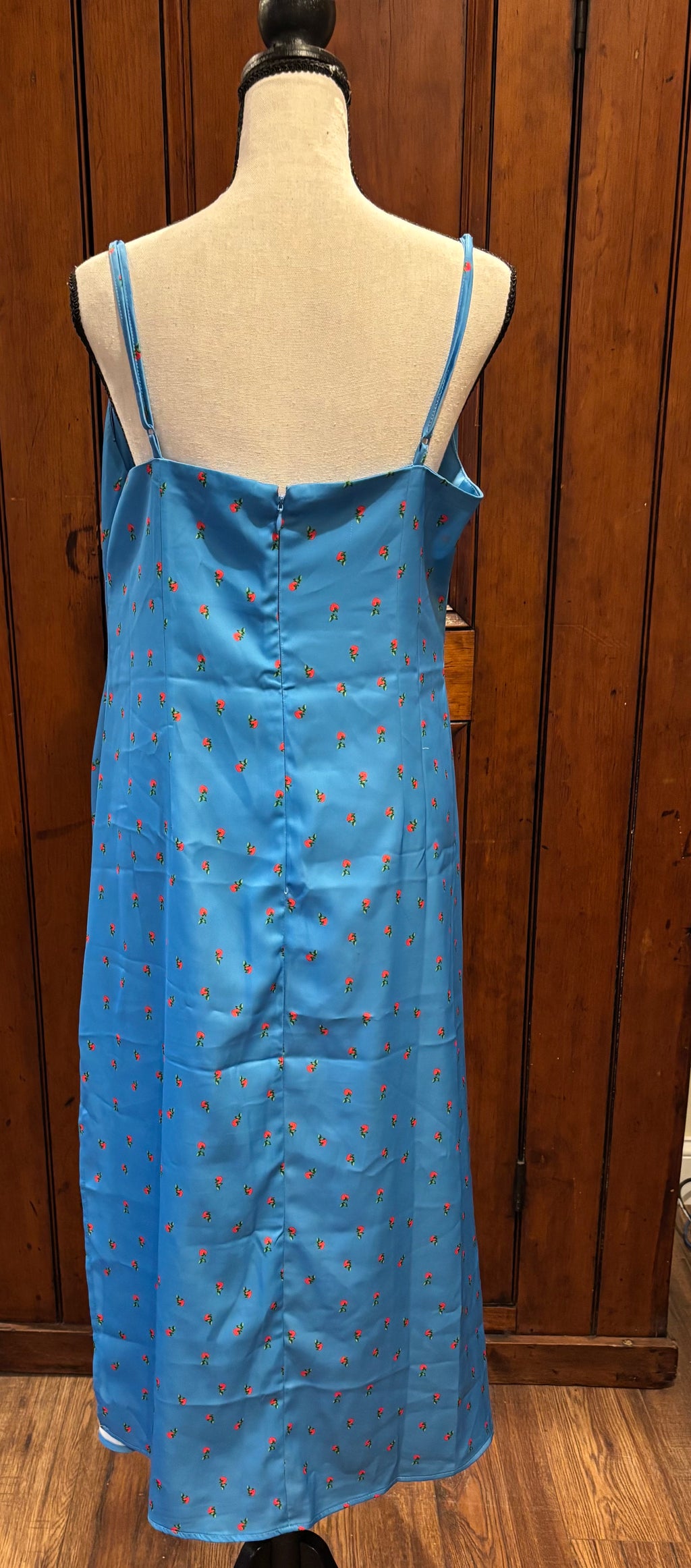 Urban Outfitters blue strawberry midi dress back view thrifted dresses like new Sassy and Chic
