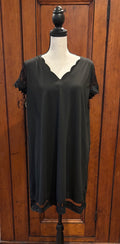 Black V-neck scalloped hem mini dress front view V-neckline scalloped edge pre-loved dresses Sassy and Chic