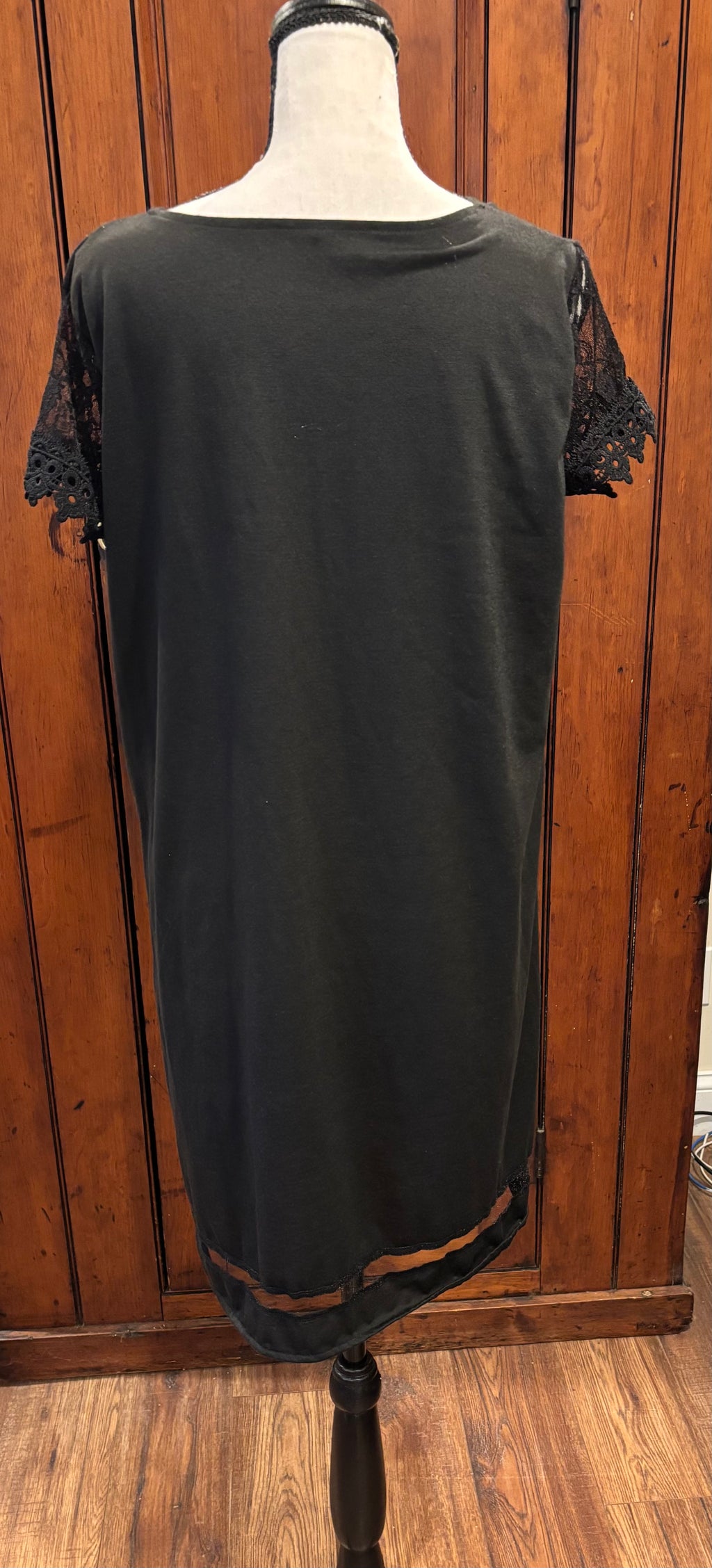 Black V-neck scalloped hem mini dress back view pre-loved dresses like new Sassy and Chic