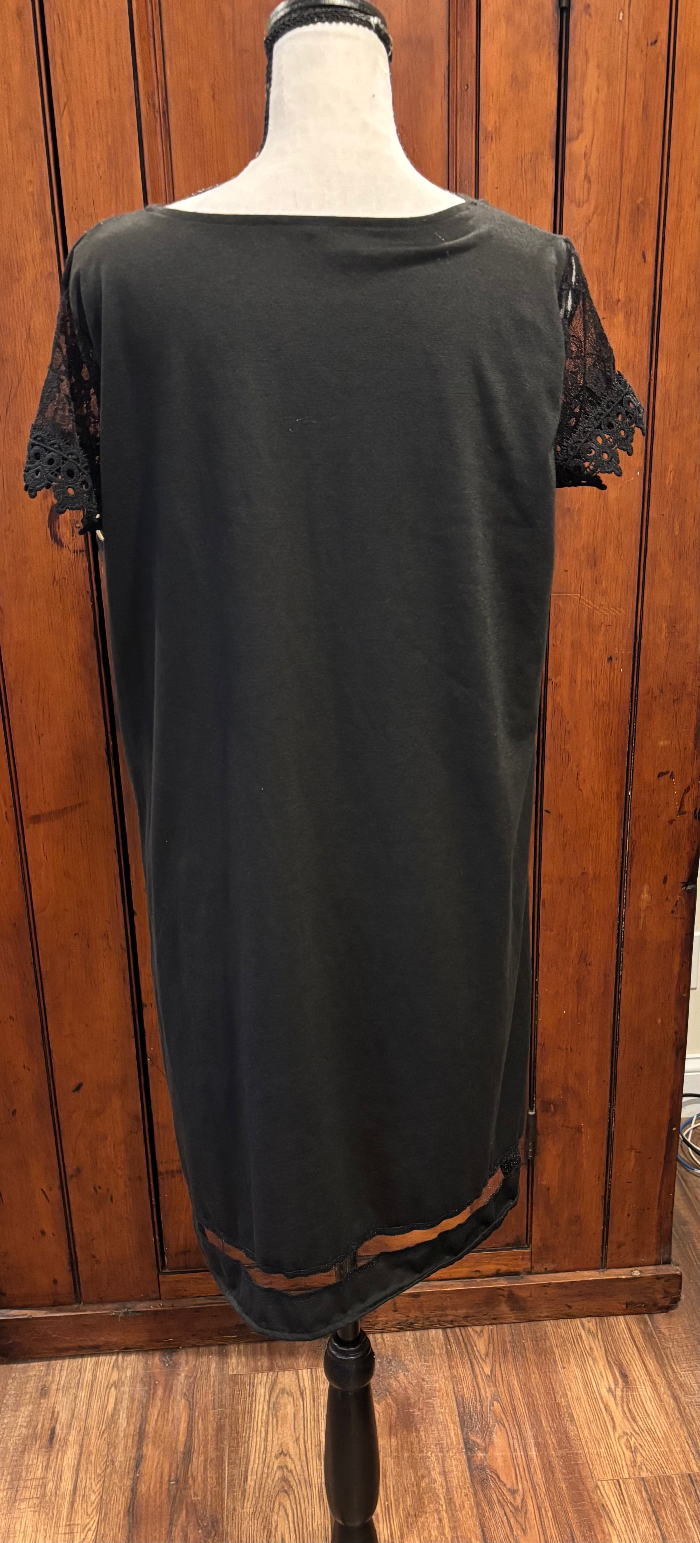 Black V-neck scalloped hem mini dress back view pre-loved dresses like new Sassy and Chic