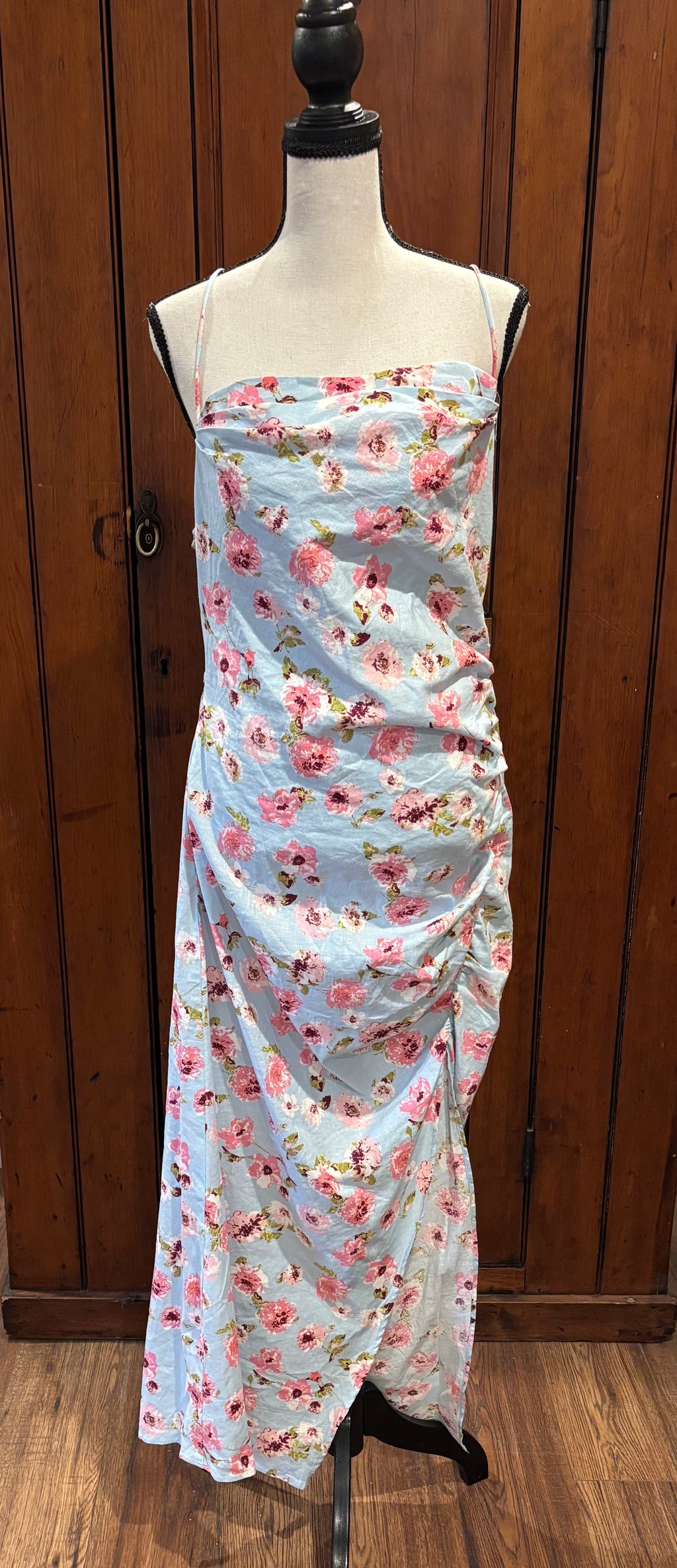 Zara pale blue pink floral maxi dress front view ruching spaghetti straps thrifted cocktail dresses Sassy and Chic