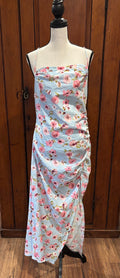 Zara pale blue pink floral maxi dress front view ruching spaghetti straps thrifted cocktail dresses Sassy and Chic