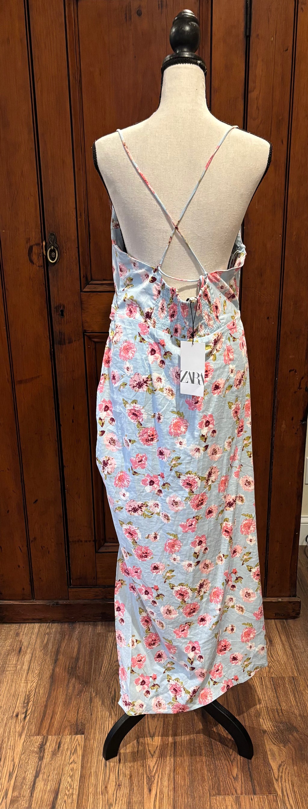 Zara pale blue pink floral maxi dress back view thrifted cocktail dresses brand new tags Sassy and Chic