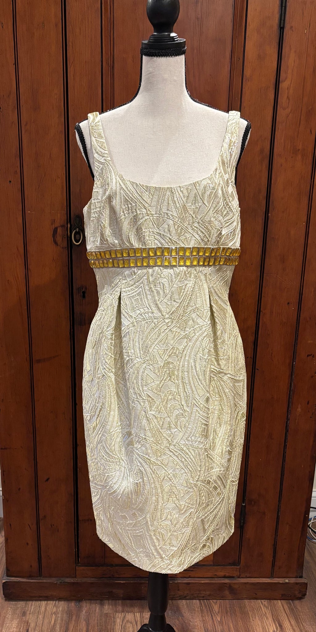 Carmen Marc Valvo beige gold bejeweled dress front view wide strap pre-loved designer cocktail dresses Sassy and Chic