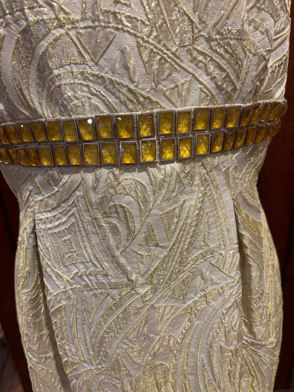 Carmen Marc Valvo beige gold bejeweled dress detail close up exquisite bejeweled detailing like new Sassy and Chic