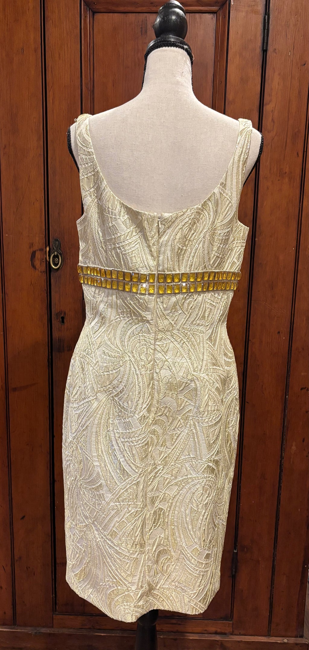 Carmen Marc Valvo beige gold bejeweled dress back view pre-loved designer cocktail dresses Sassy and Chic