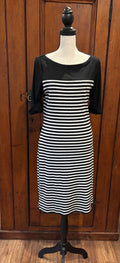 Lauren RL black white striped midi dress front view round neckline thrifted dresses Sassy and Chic