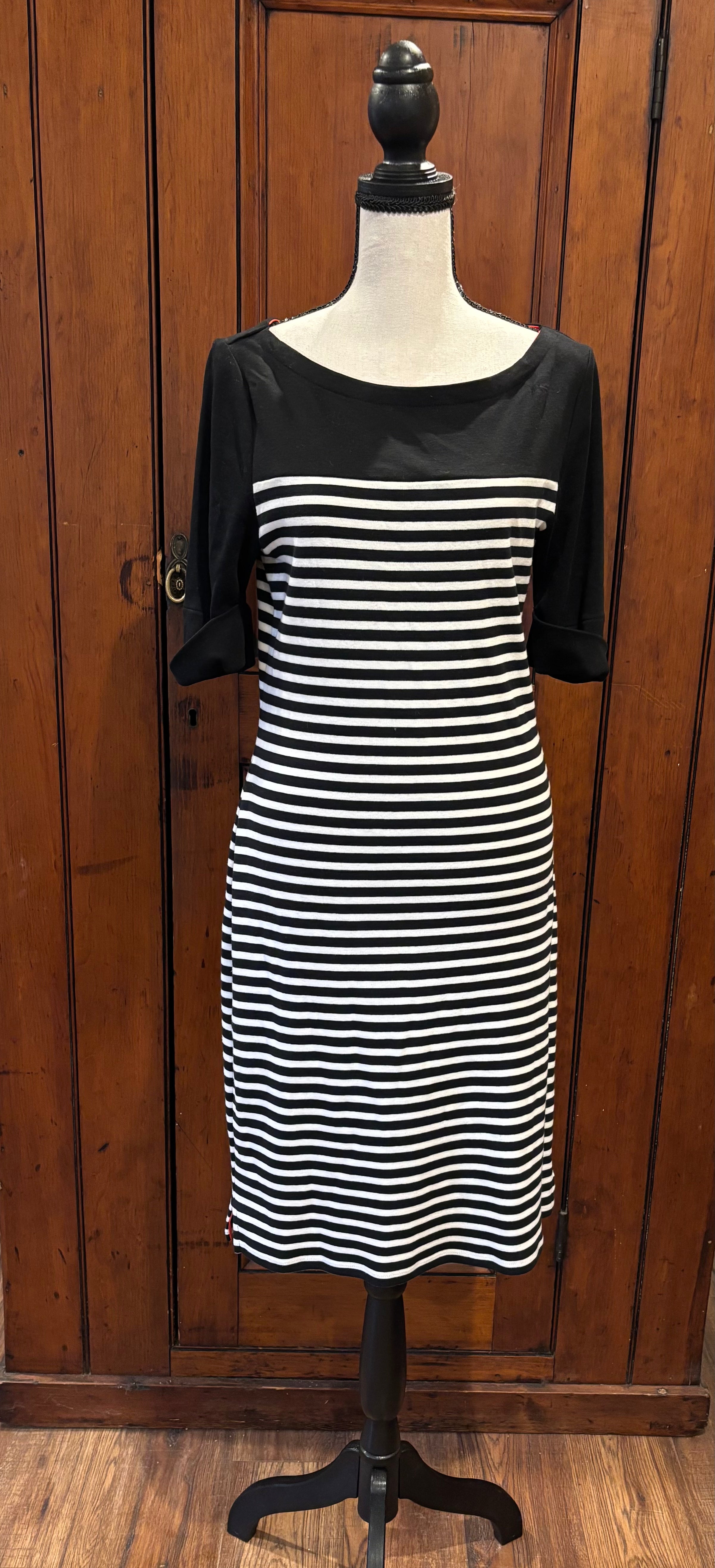 Lauren RL black white striped midi dress front view round neckline thrifted dresses Sassy and Chic