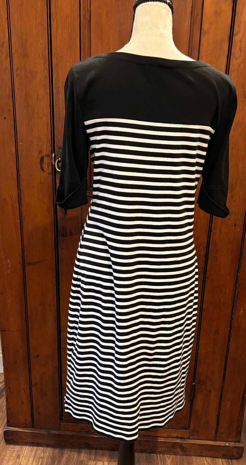 Lauren RL black white striped midi dress back view thrifted dresses like new Sassy and Chic