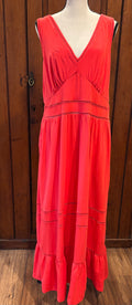 Lands End red sleeveless midi dress front view deep V-neckline pre-owned dresses like new Sassy and Chic