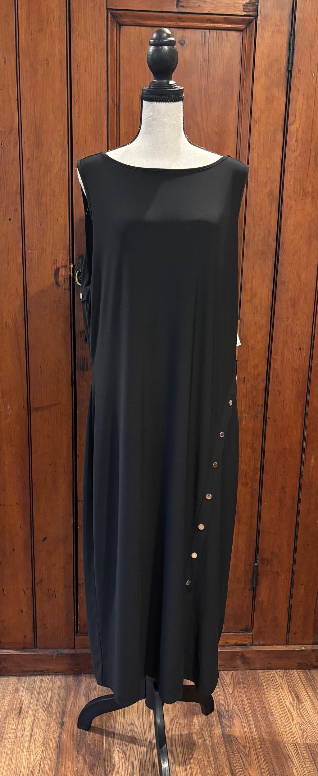 WHBM black sleeveless maxi dress front view boat neckline button accents thrifted dresses Sassy and Chic