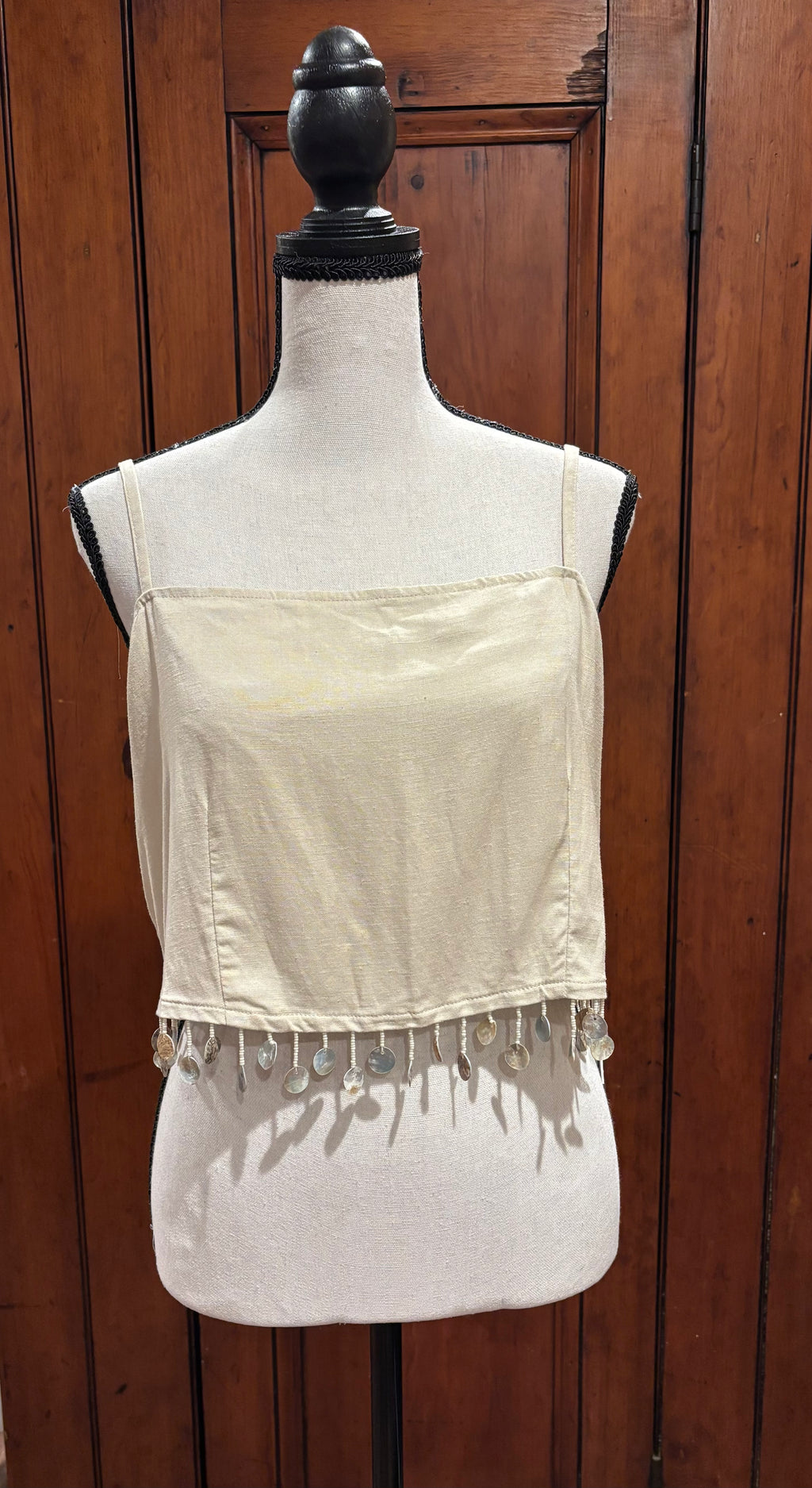 Jason Wu beige bejeweled tassel crop top front view spaghetti straps thrifted designer tops Sassy and Chic