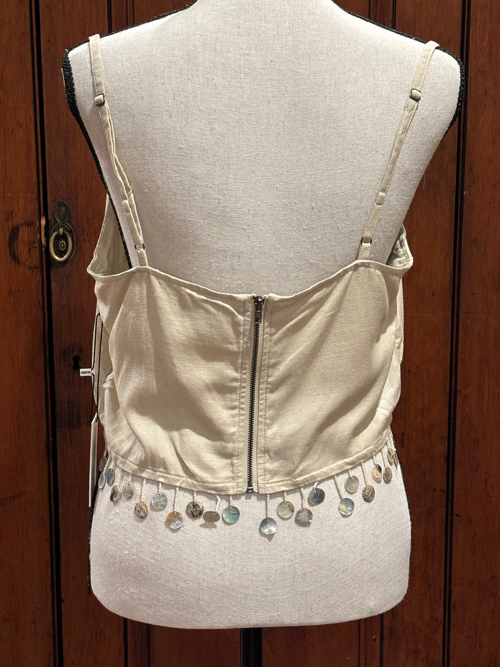 Jason Wu beige bejeweled tassel crop top back view thrifted designer tops and blouses brand new tags Sassy and Chic