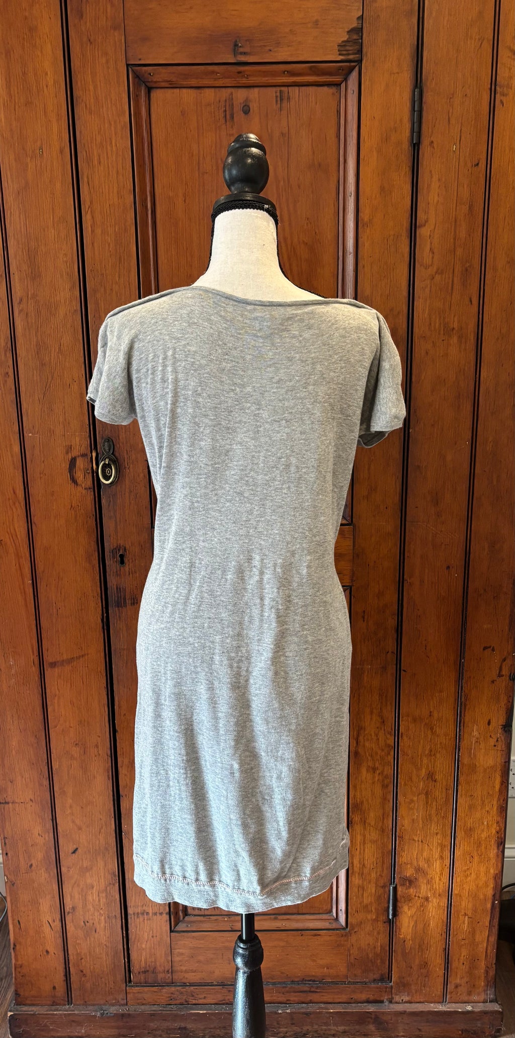 Vanessa Bruno Athé grey short sleeve dress back view thrifted designer dresses like new Sassy and Chic