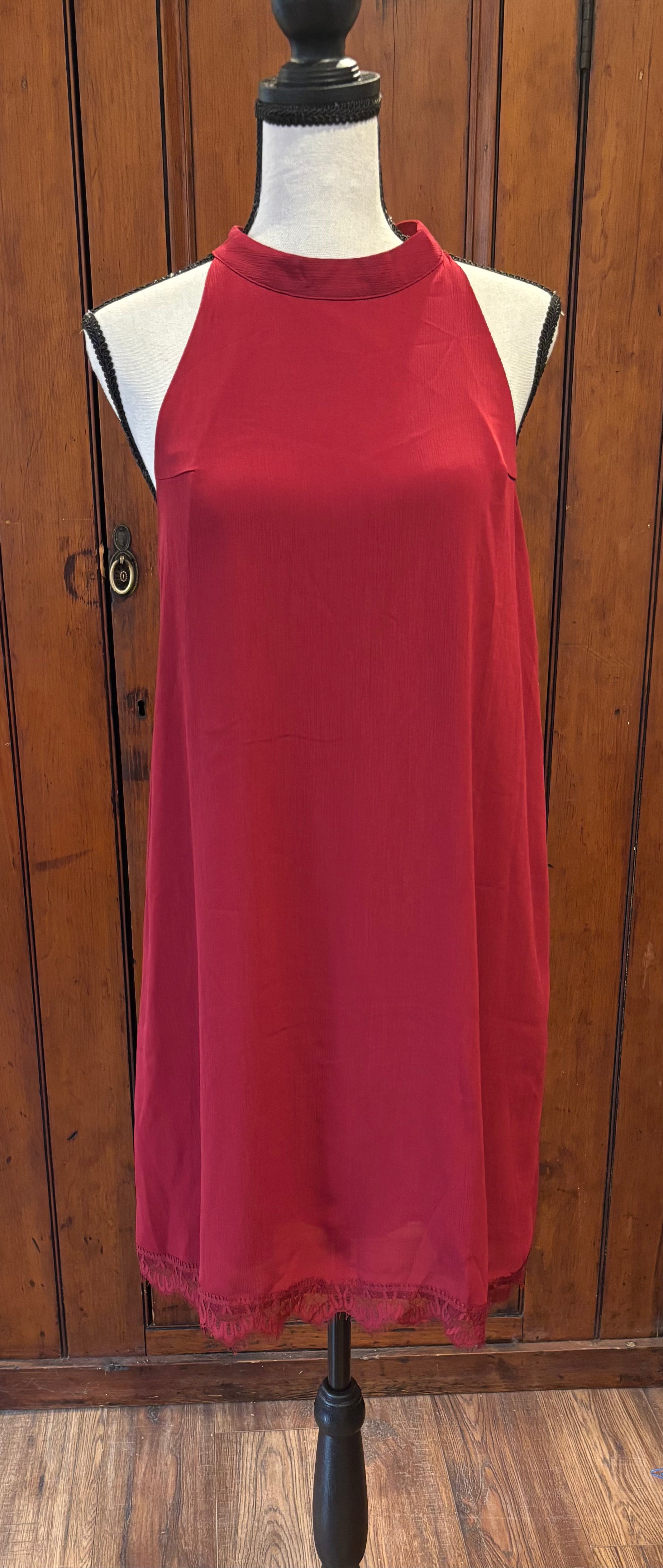 Fantasie maroon high neck dress front view chic high neckline thrifted dresses brand new tags Sassy and Chic