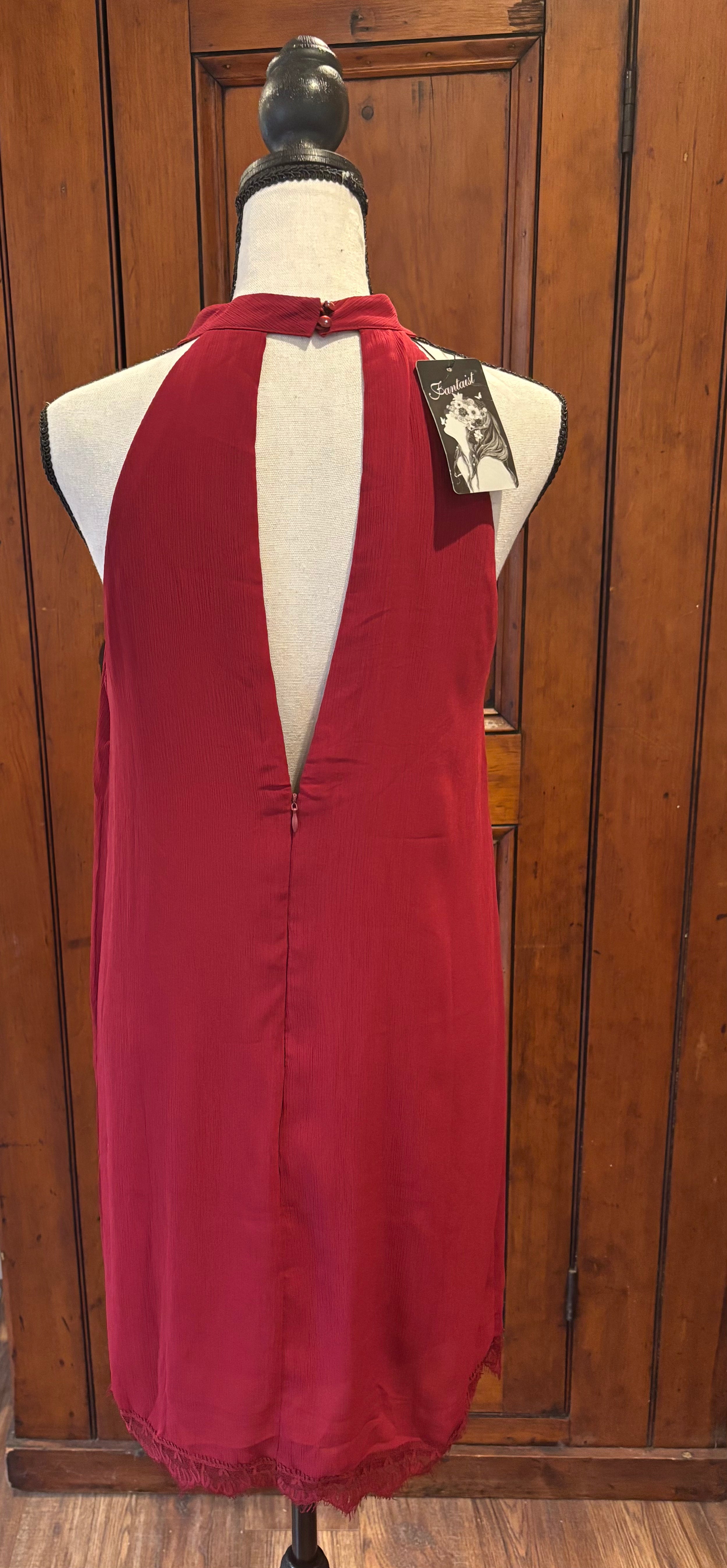 Fantasie maroon high neck dress back view dramatic deep V back thrifted dresses brand new tags Sassy and Chic