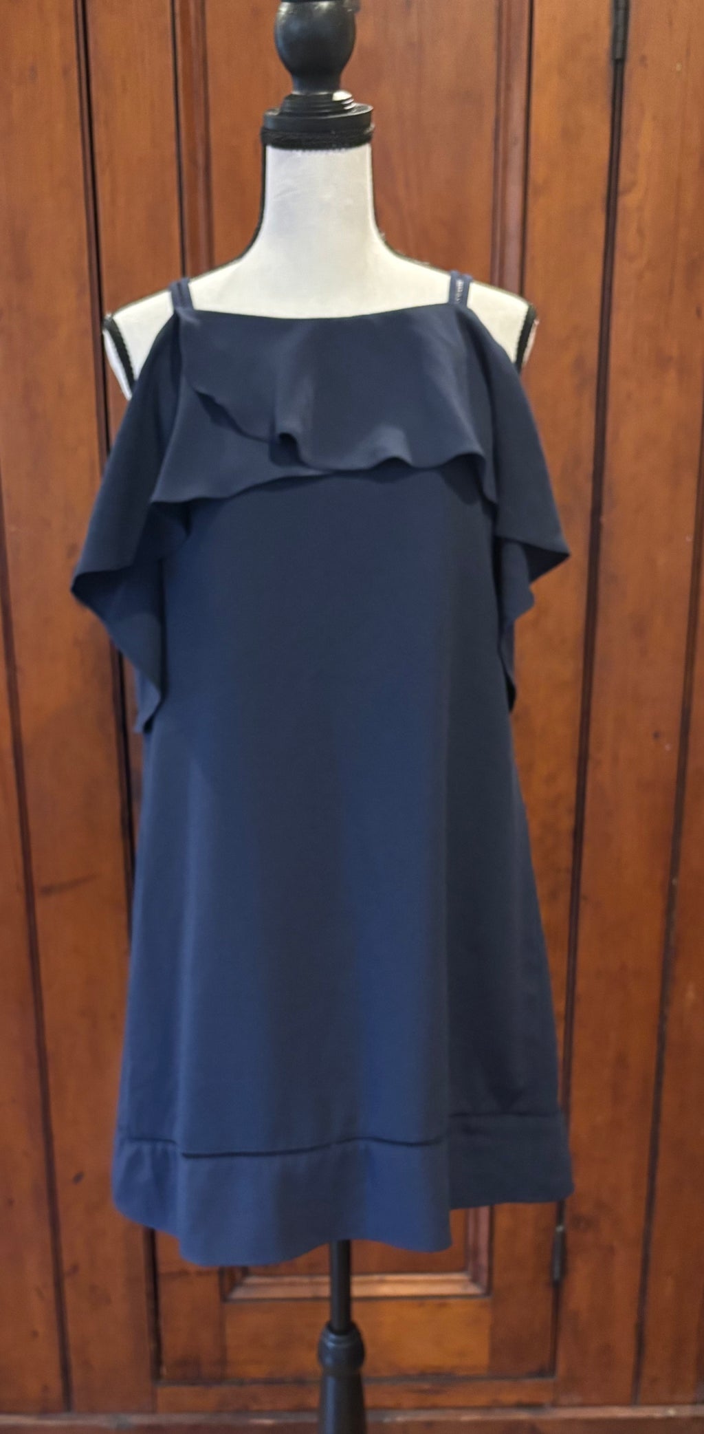 Maggie London navy spaghetti strap mini dress front view ruffle accents secondhand like new dresses Sassy and Chic