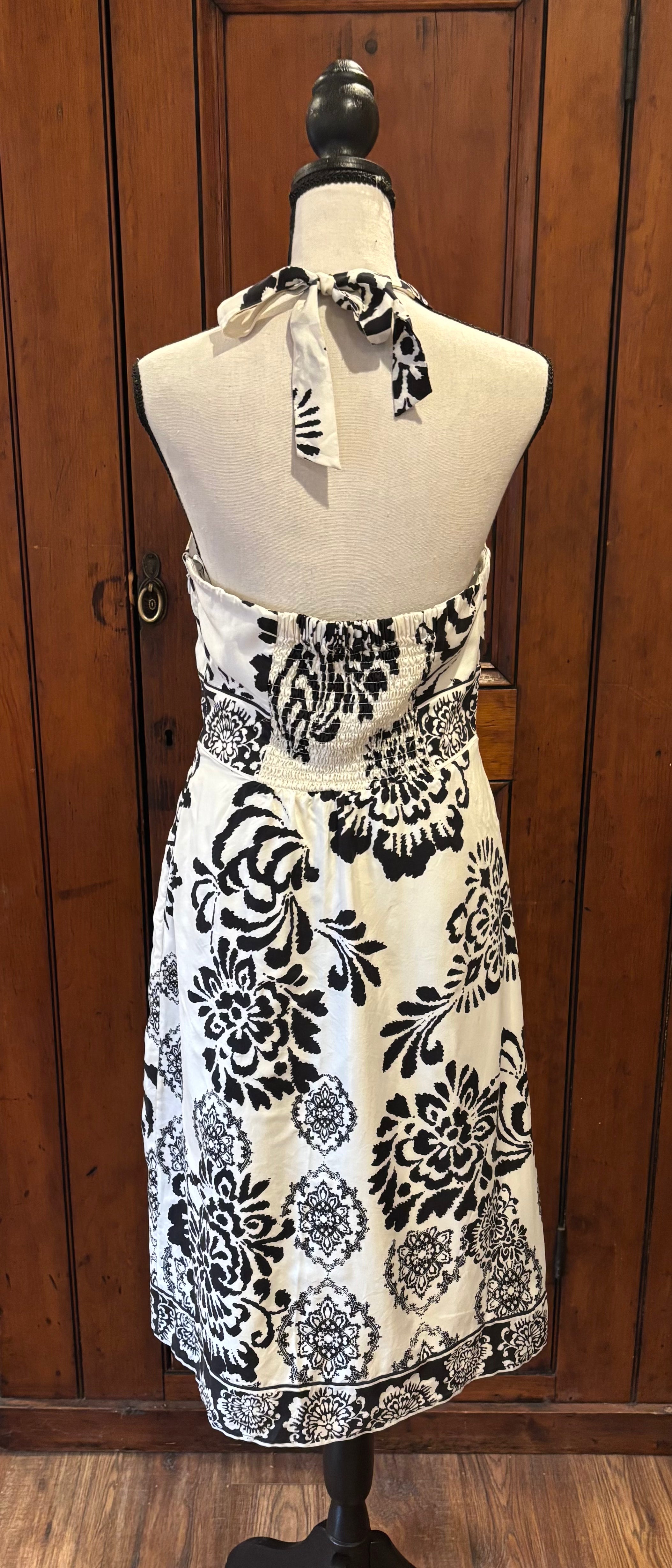 WHBM off white floral halter midi dress back view pre-loved dresses like new Sassy and Chic