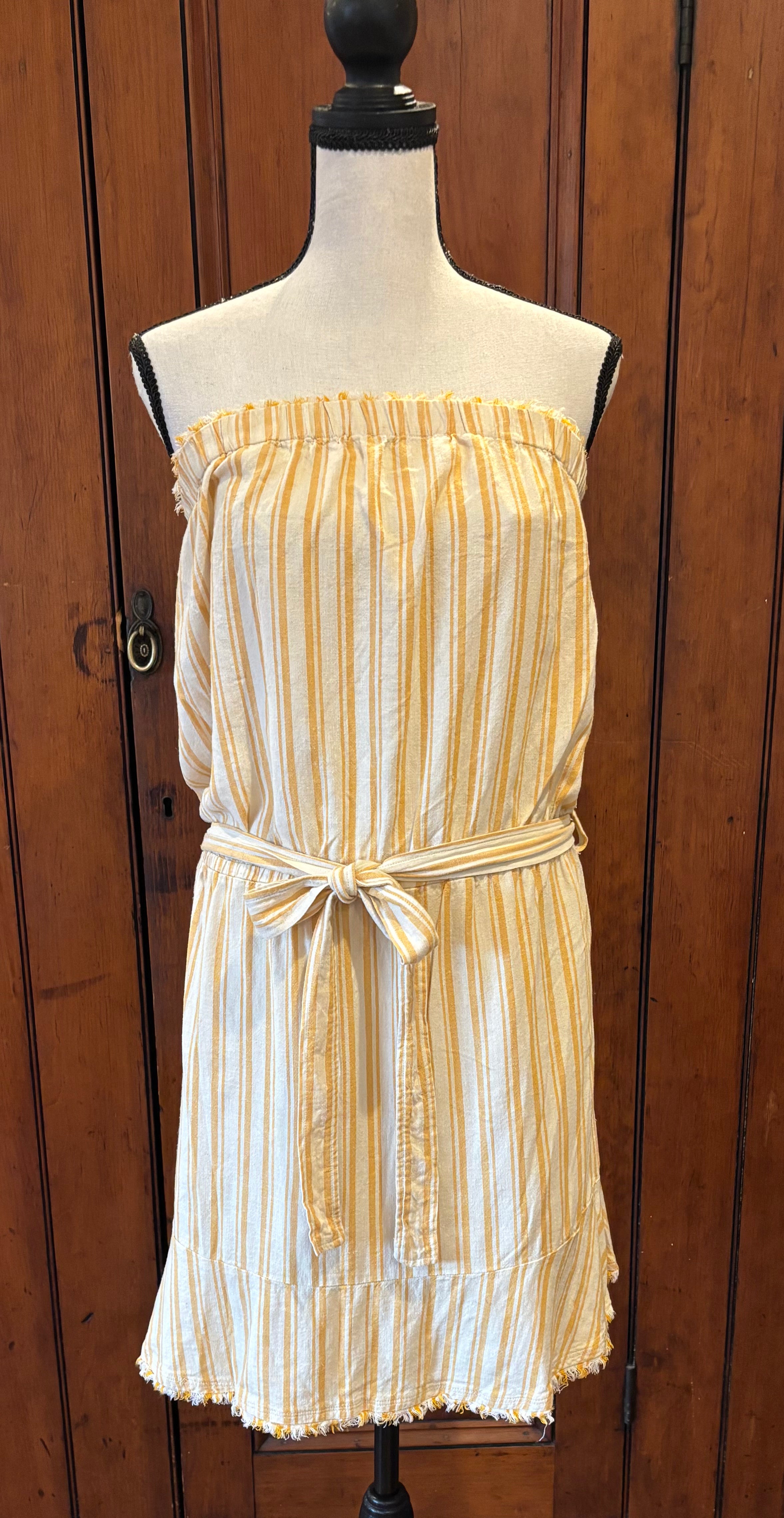 Cloth and Stone yellow striped strapless dress front view ruffle tie waist thrifted dresses Sassy and Chic