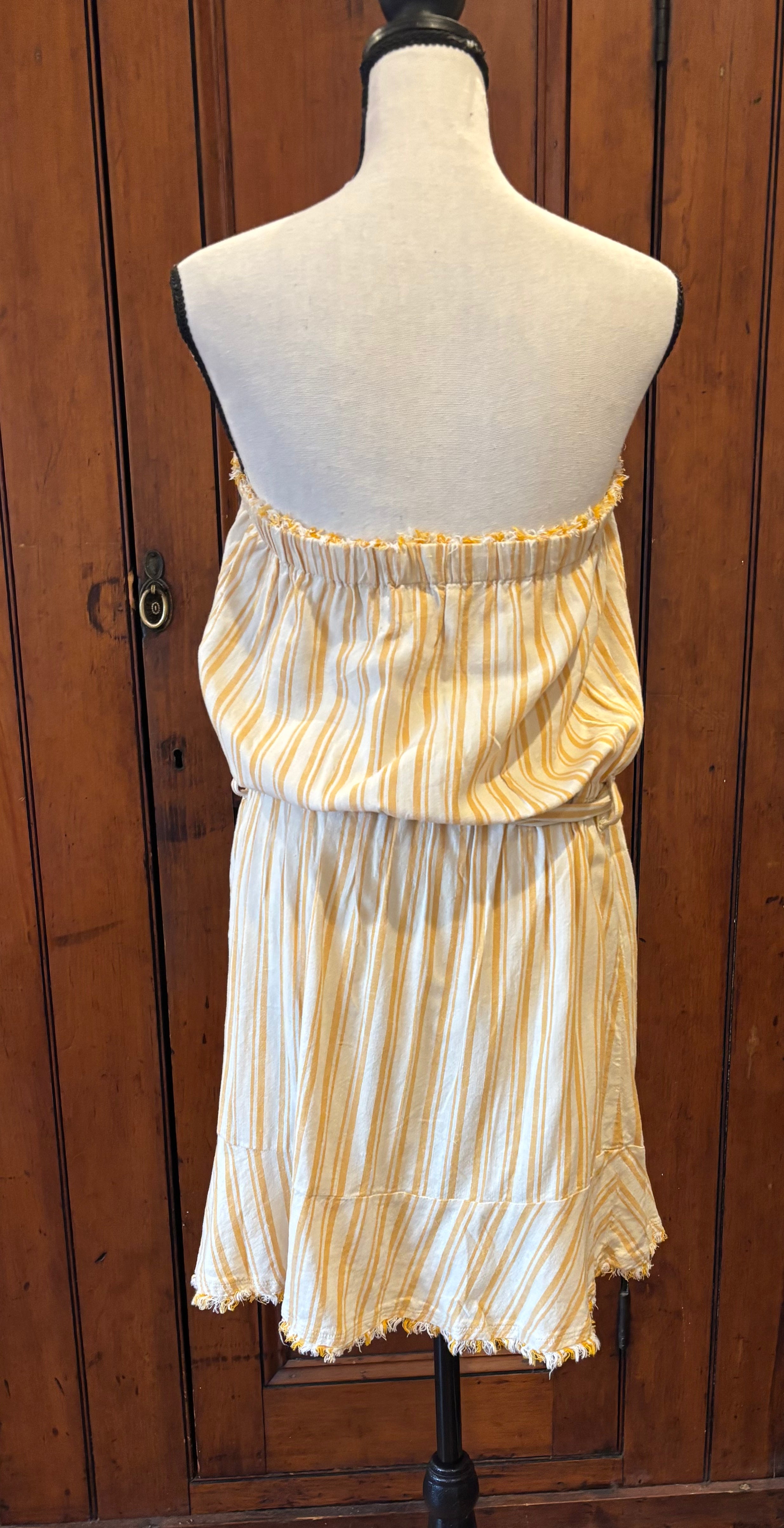 Cloth and Stone yellow striped strapless dress back view thrifted dresses like new Sassy and Chic