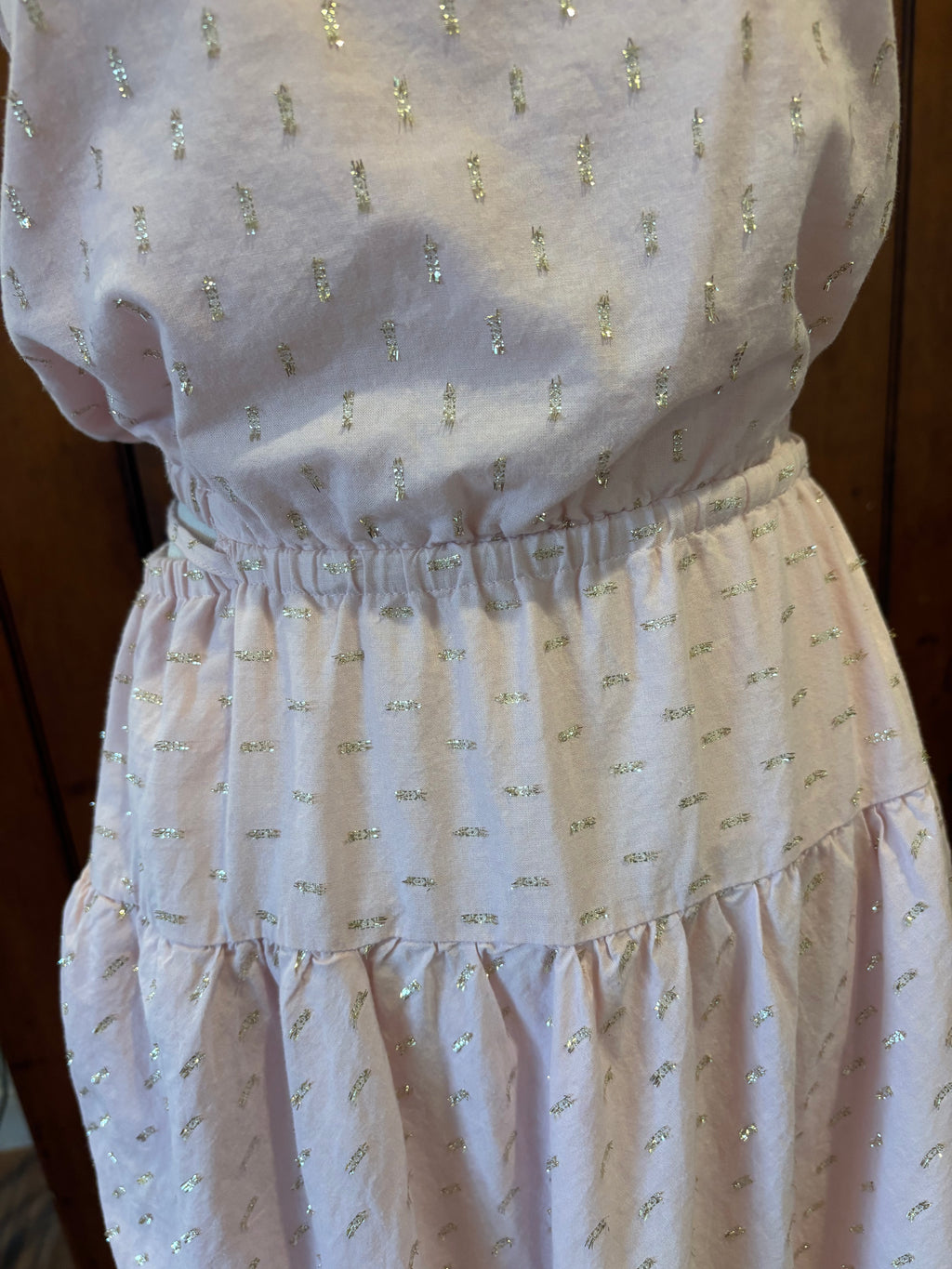 Splendid light pink gold embellished midi dress detail close up gold embellishments peekaboo back Sassy and Chic
