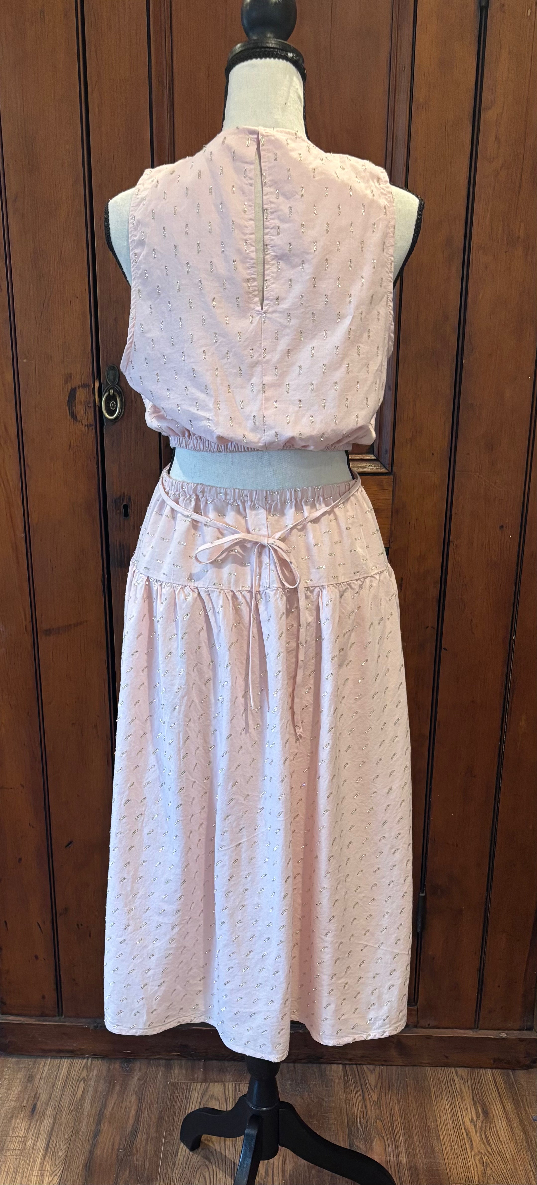Splendid light pink gold embellished midi dress back view sweet peekaboo back thrifted dresses Sassy and Chic