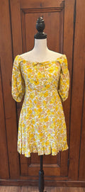 Faithfull yellow floral dress front view scoop neckline 3/4 sleeves pre-loved dresses Sassy and Chic