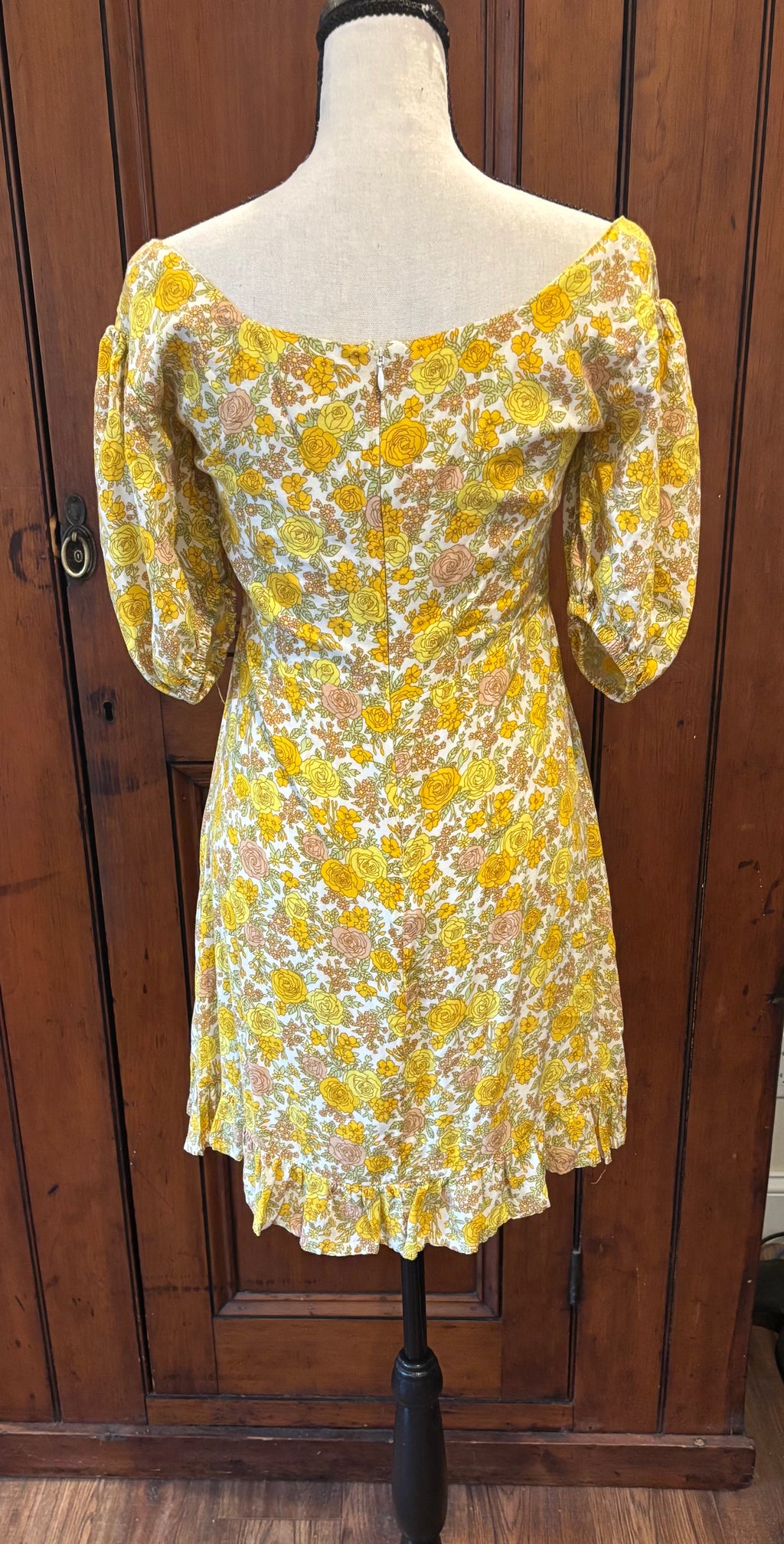 Faithfull yellow floral dress back view pre-loved dresses like new Sassy and Chic